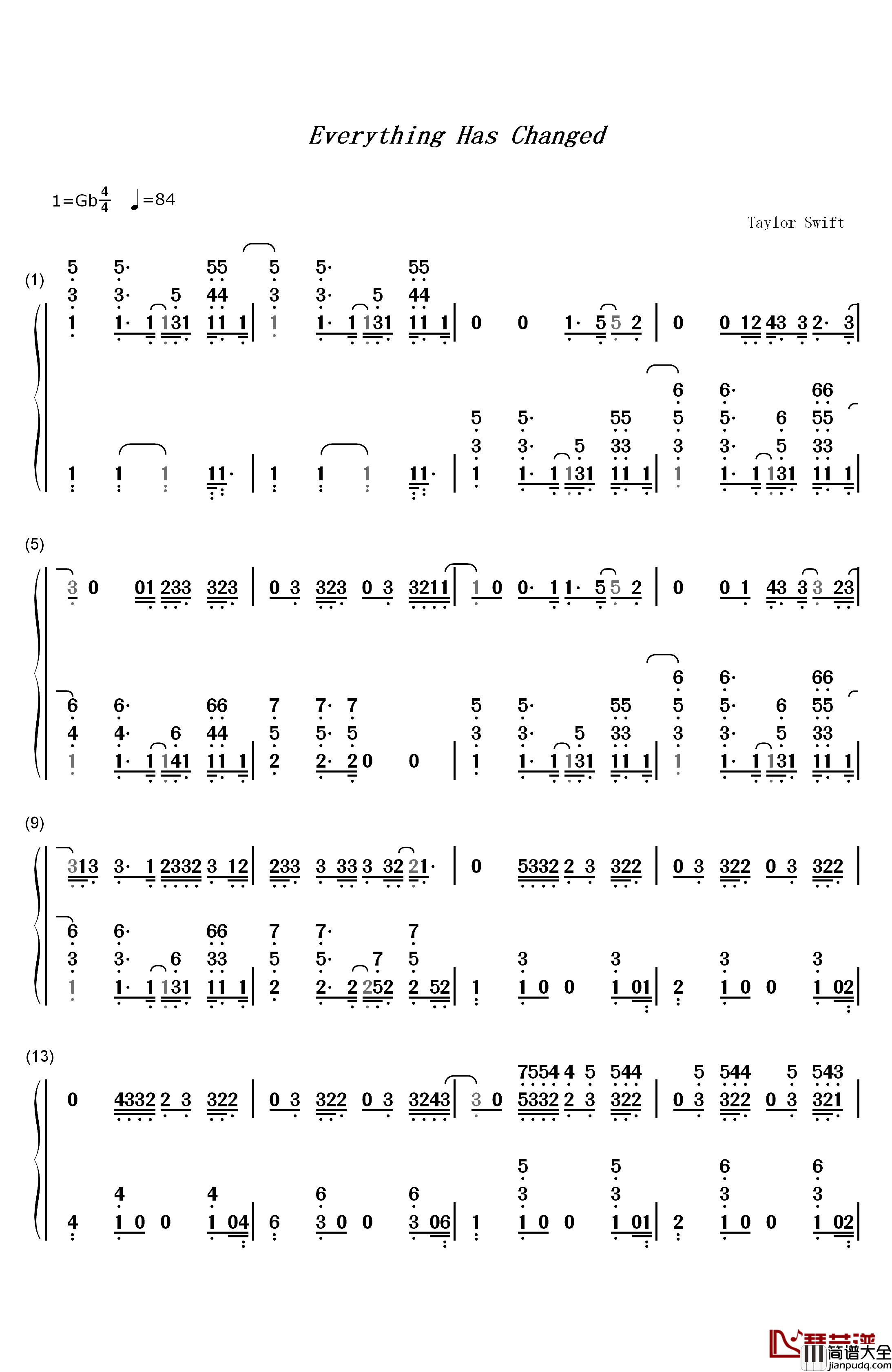 Everything_Has_Changed钢琴简谱_数字双手_Taylor_Swift