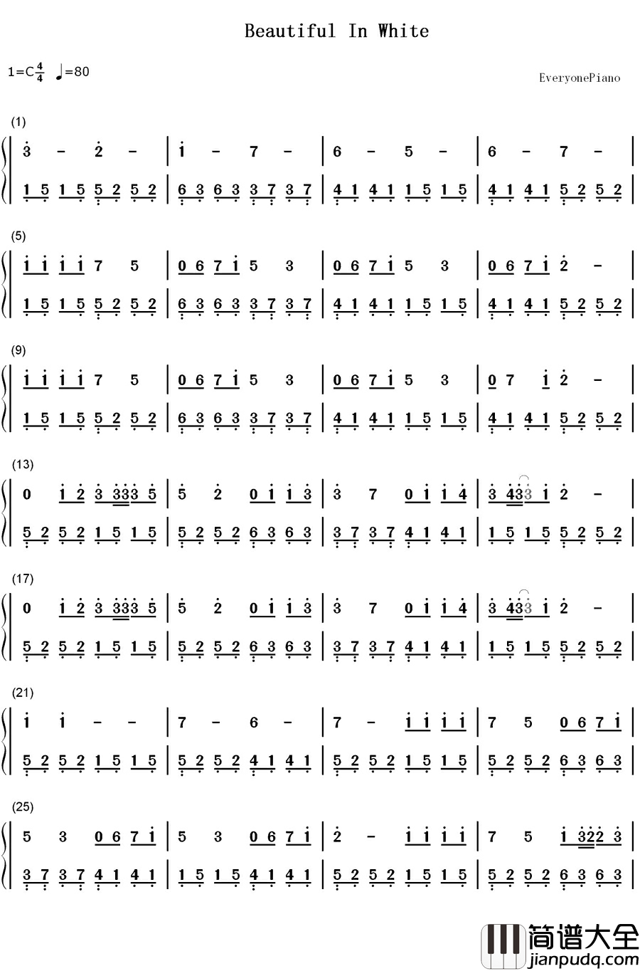 Beautiful_in_White钢琴简谱_数字双手_Westlife