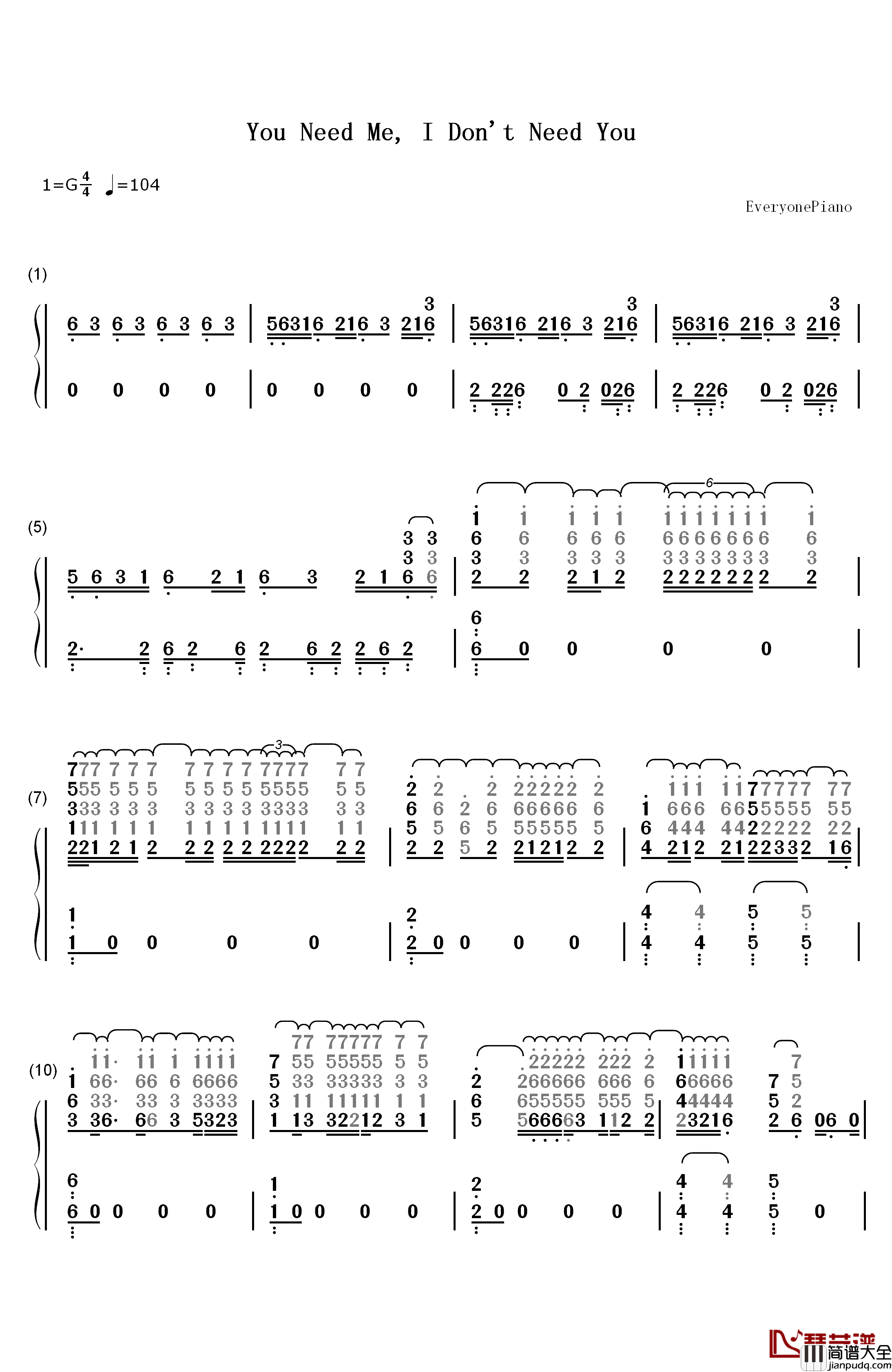 You_Need_Me,I_Don't_Need_You钢琴简谱_数字双手_Ed_Sheeran