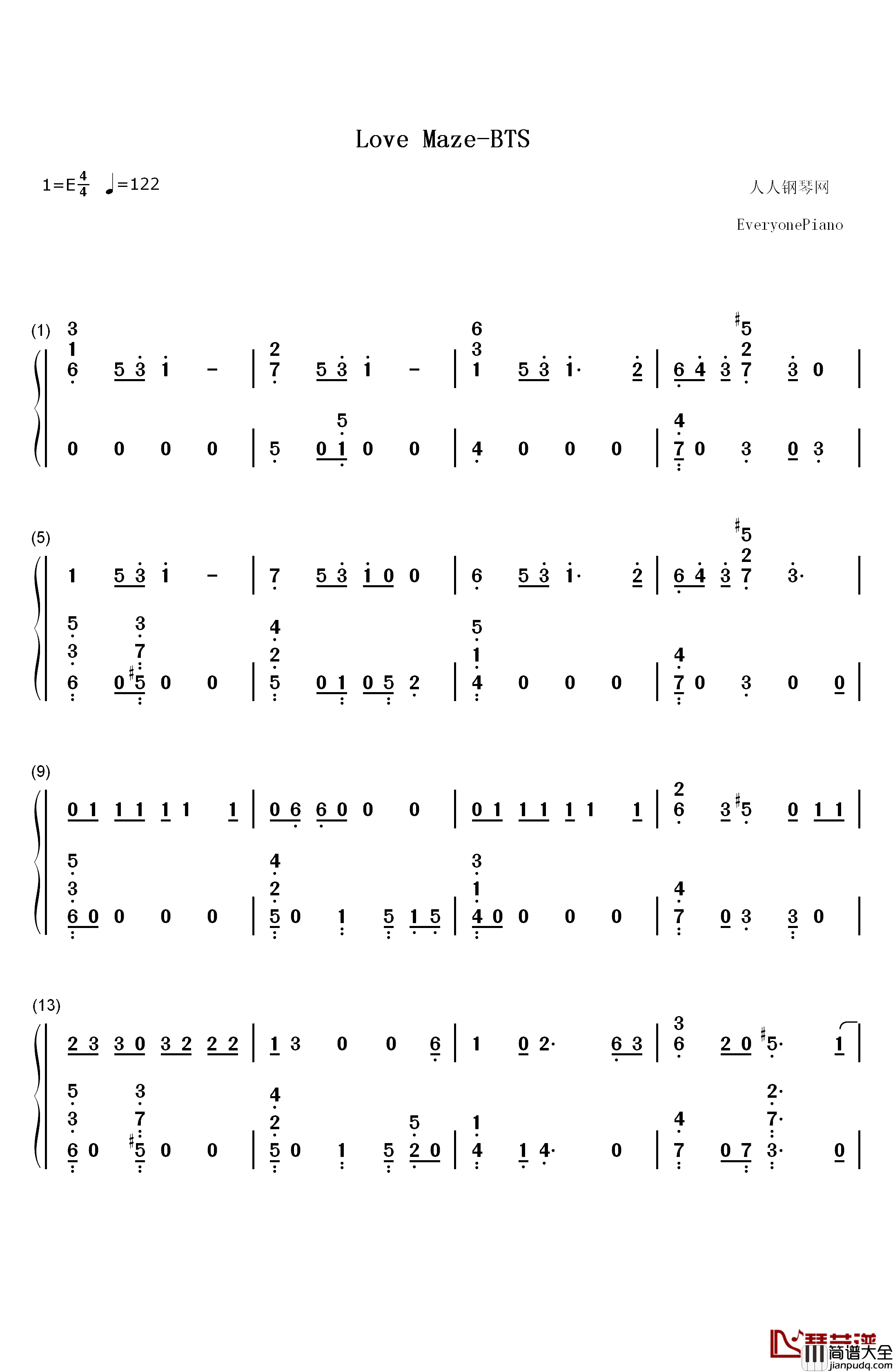 Love_Maze钢琴简谱_数字双手_防弹少年团