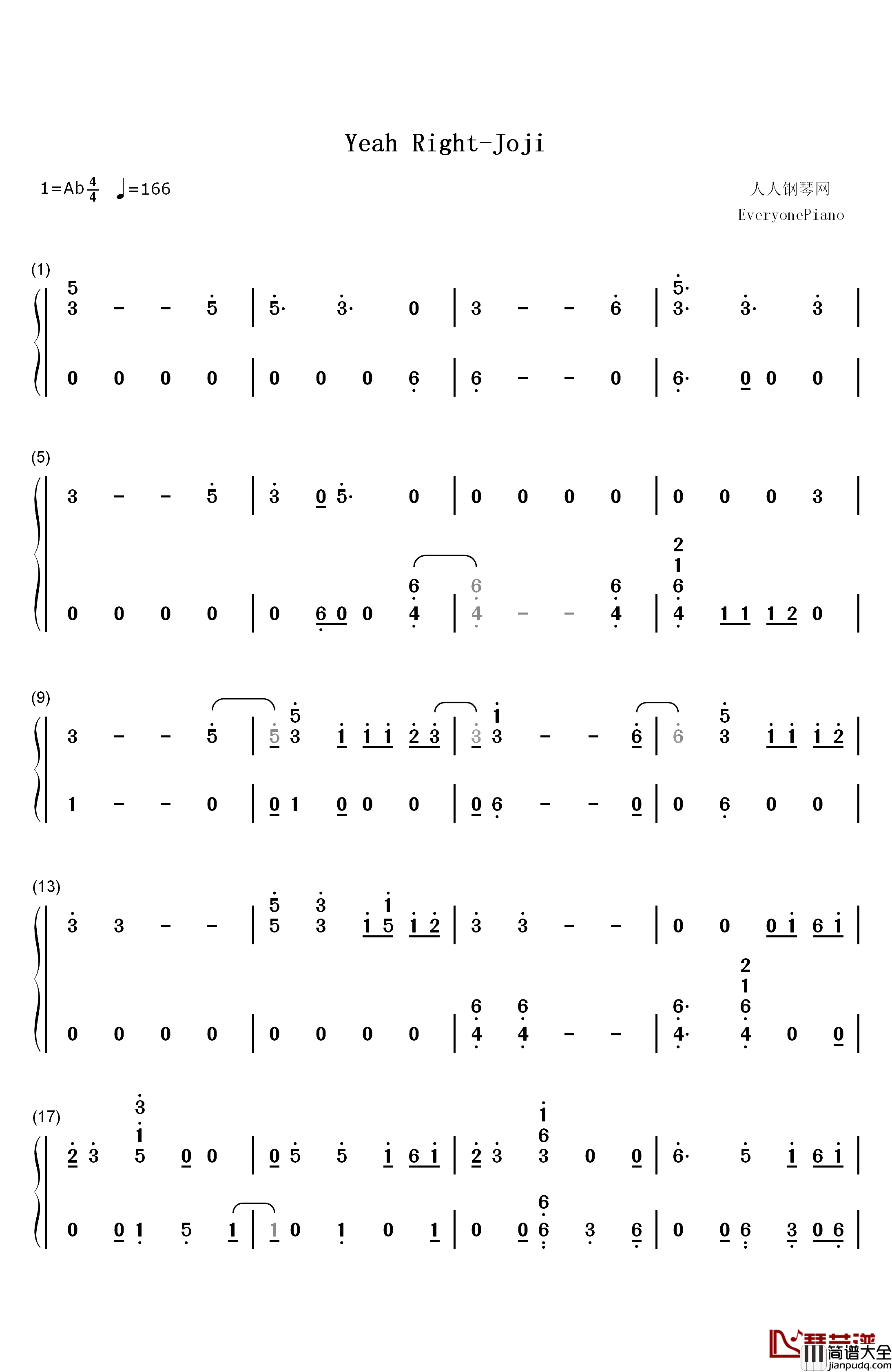 Yeah_Right钢琴简谱_数字双手_Joji