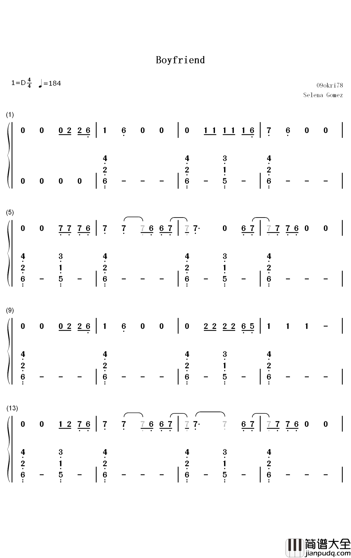 Boyfriend钢琴简谱_数字双手_Selena_Gomez