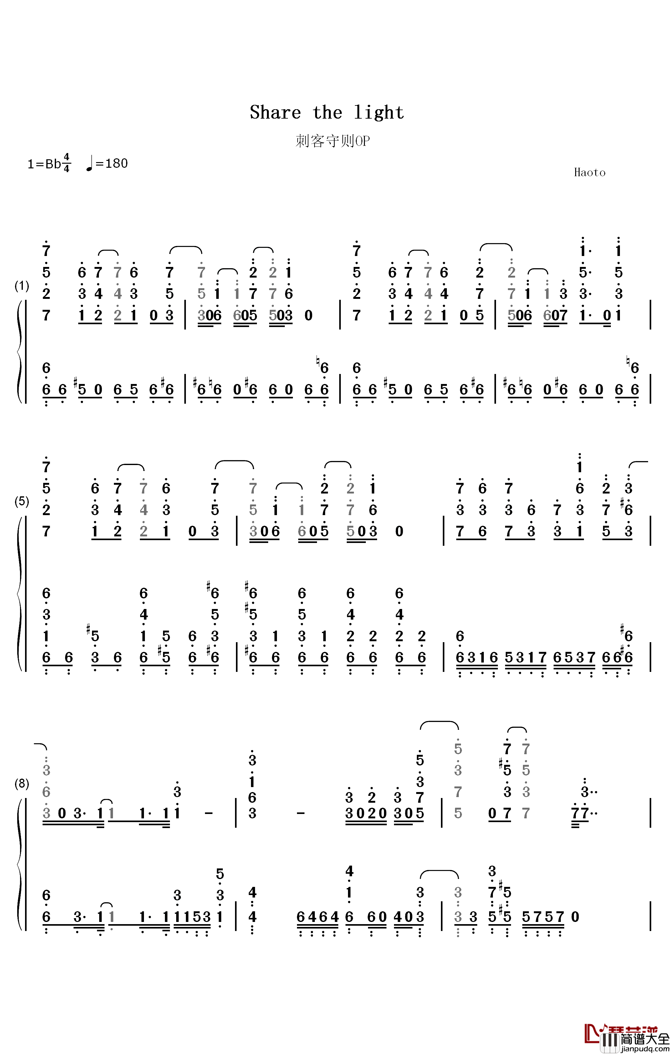 Share_the_light钢琴简谱_数字双手_Run_Girls__Run!