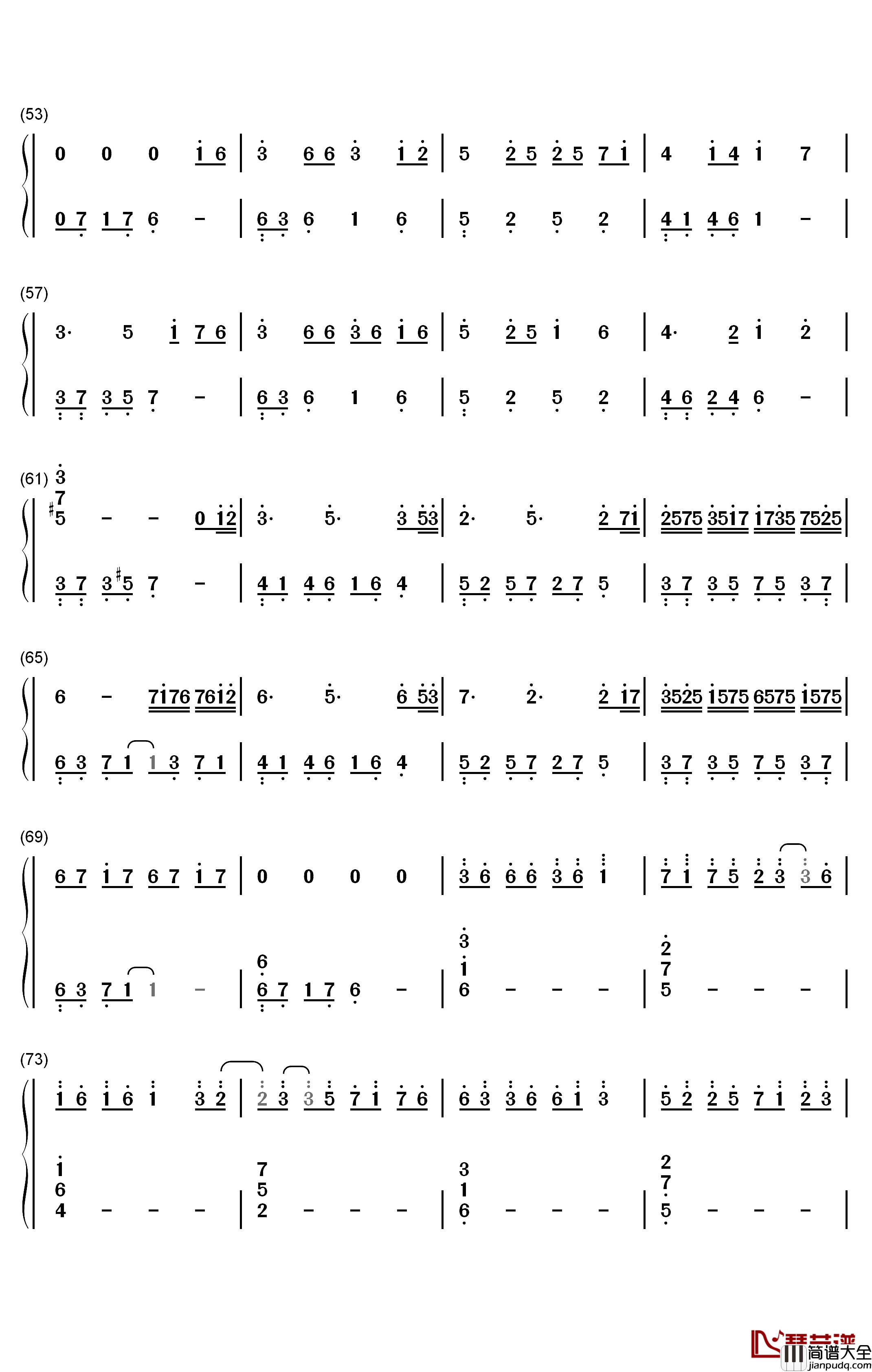 一米阳光钢琴简谱_数字双手_M小冯达