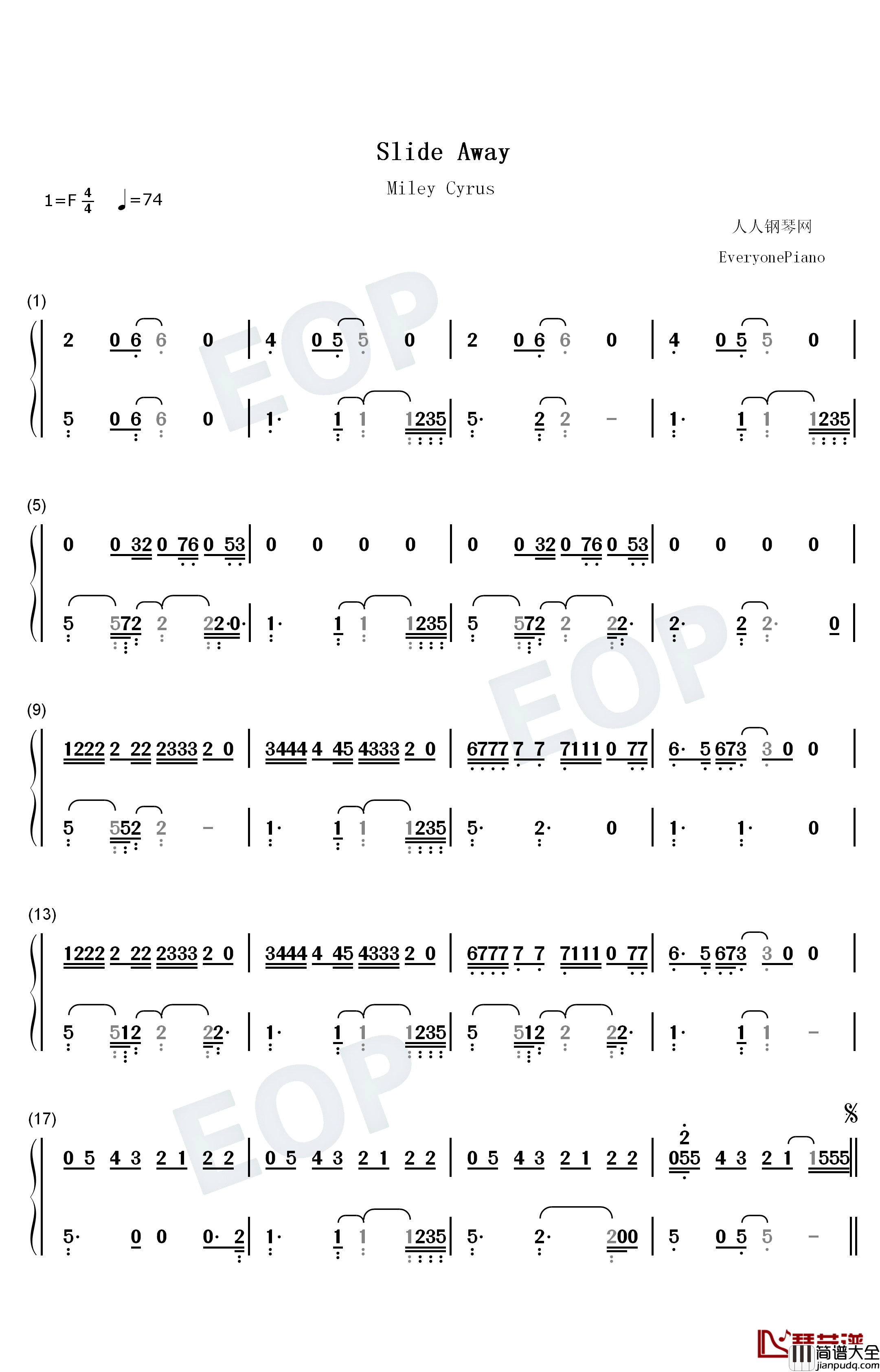 Slide_Away钢琴简谱_数字双手_Miley_Cyrus