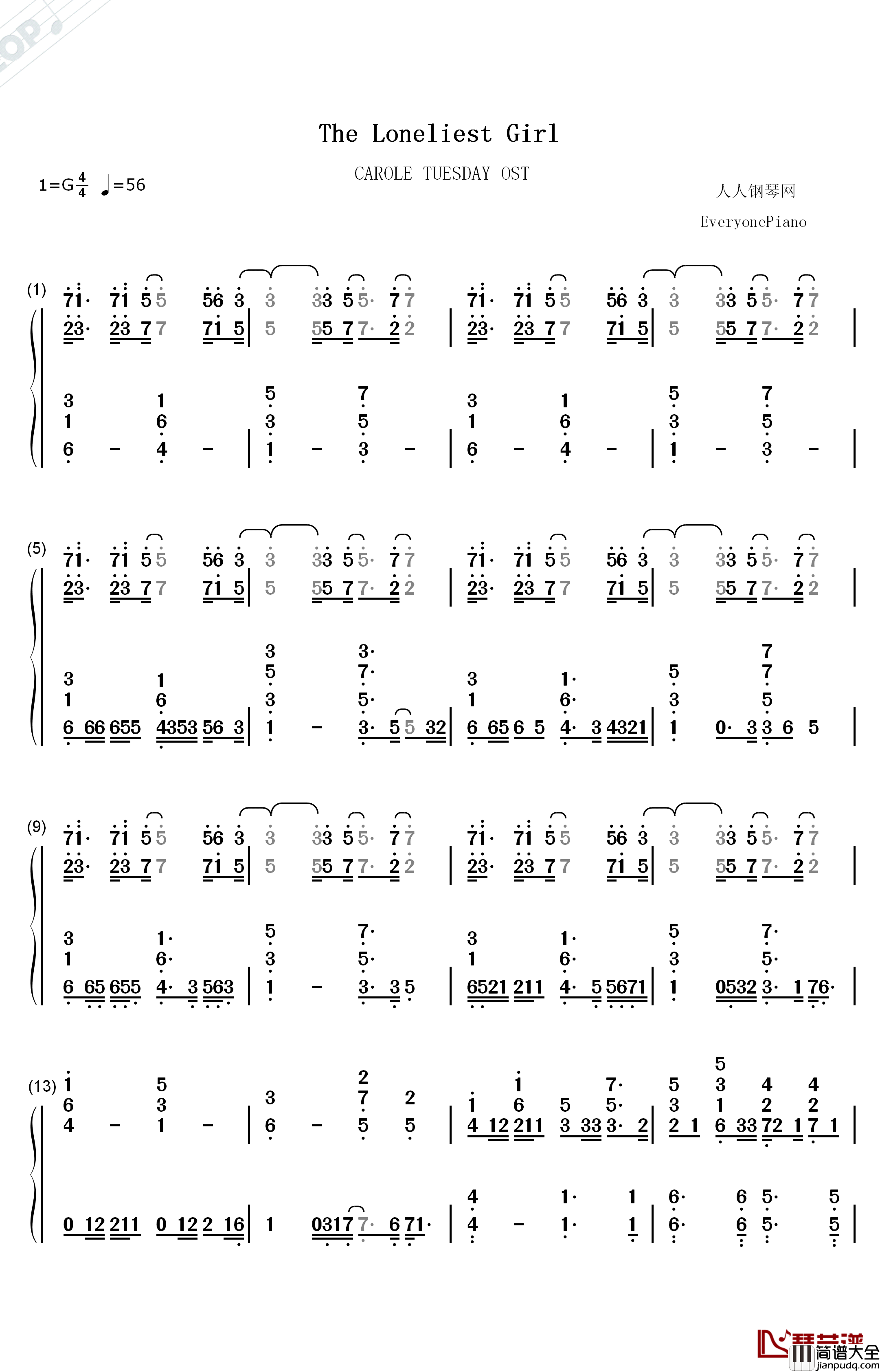 The_Loneliest_Girl钢琴简谱_数字双手_Nai_Br.XX_Celeina_Ann