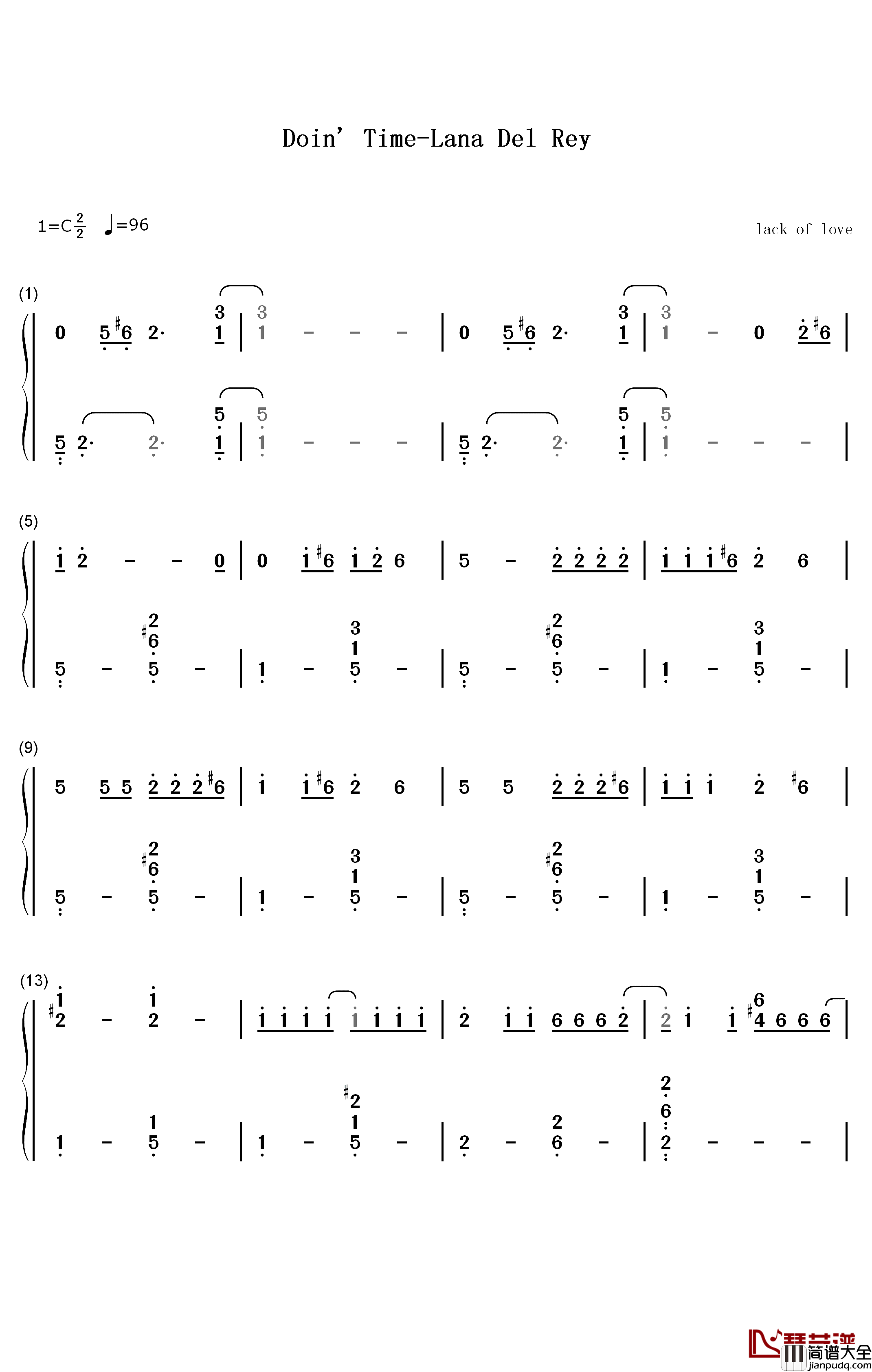 Doin_Time钢琴简谱_数字双手_Lana_Del_Rey