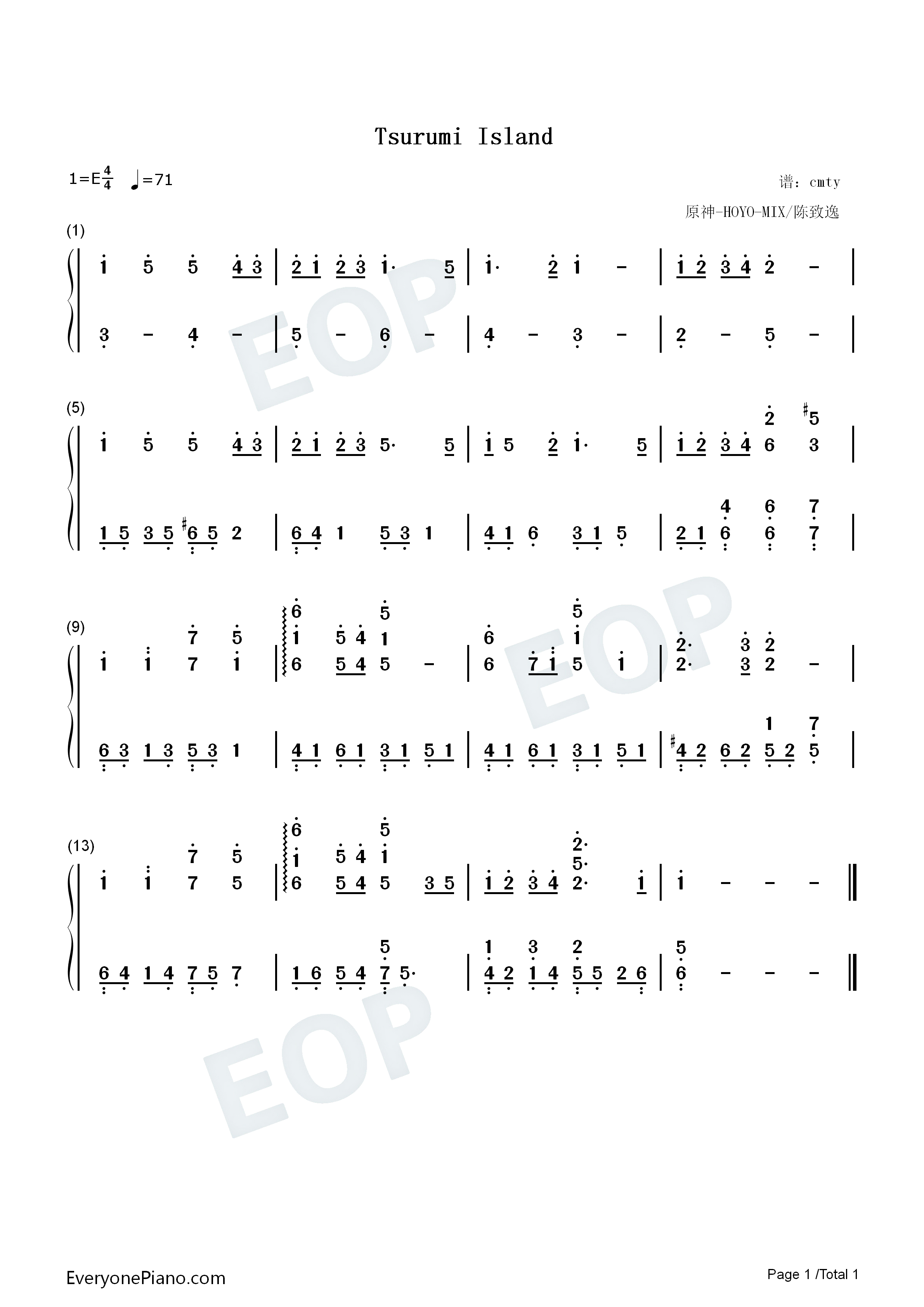 Tsurumi_Island钢琴简谱_HOYO_MIX_陈致逸演唱