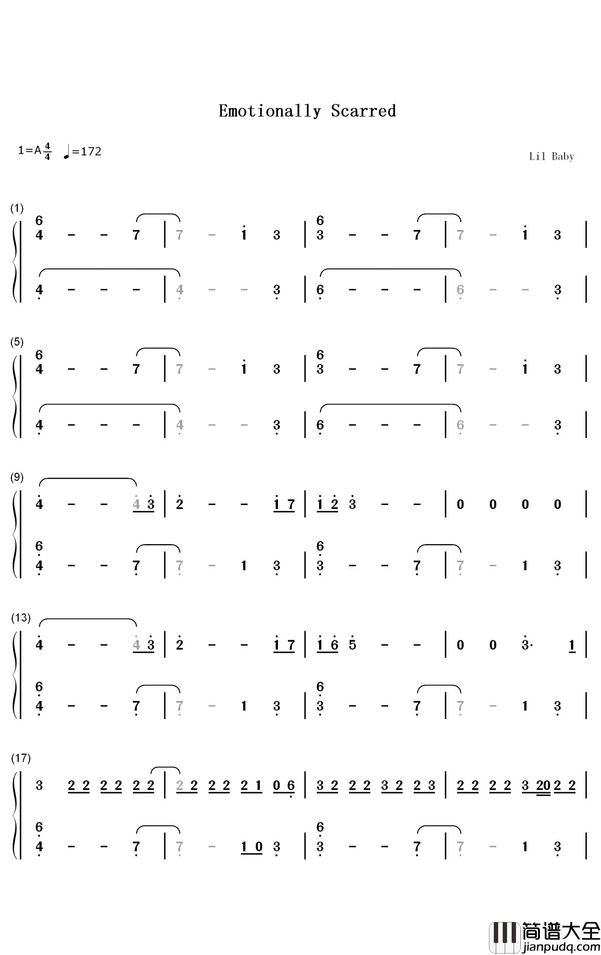 Emotionally_Scarred钢琴简谱_数字双手_Lil_Baby