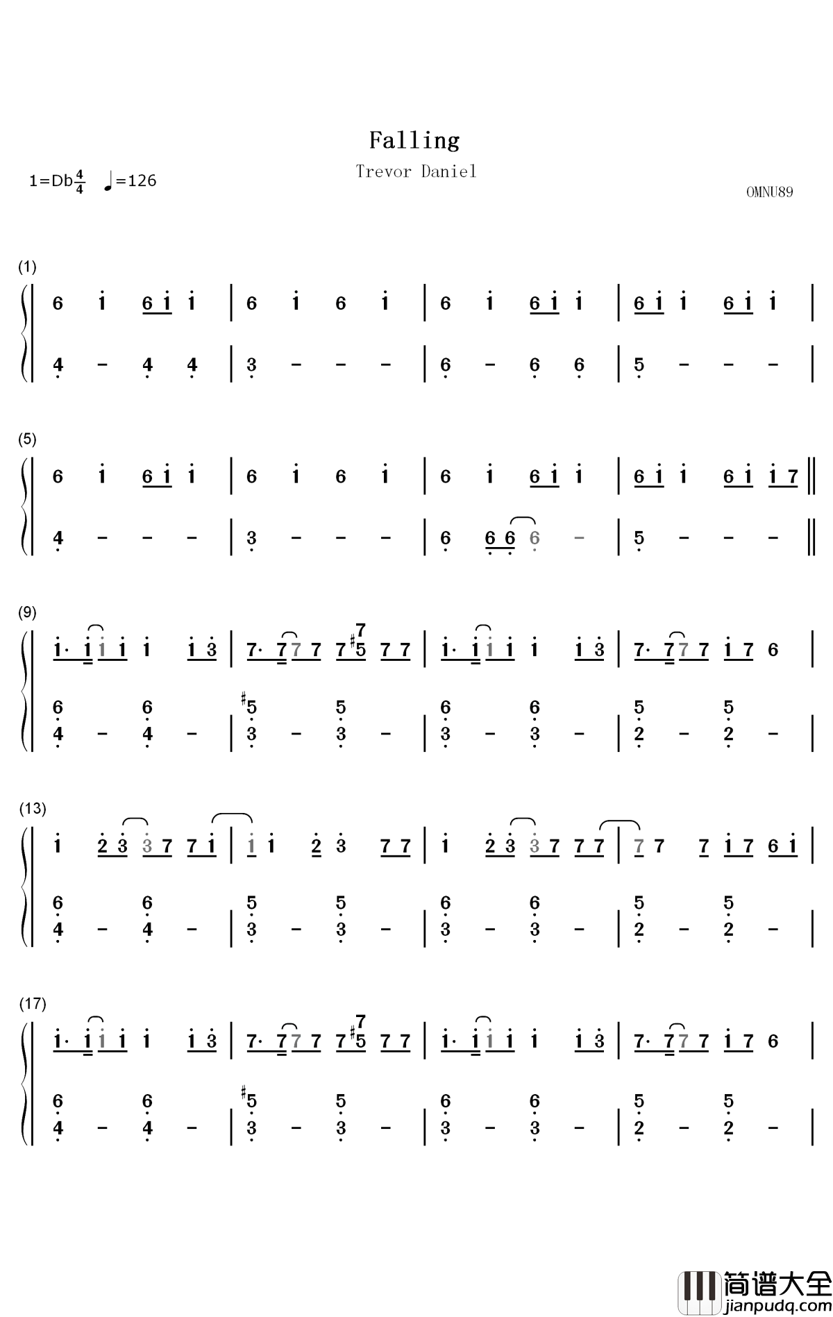 Falling钢琴简谱_数字双手_Trevor_Daniel