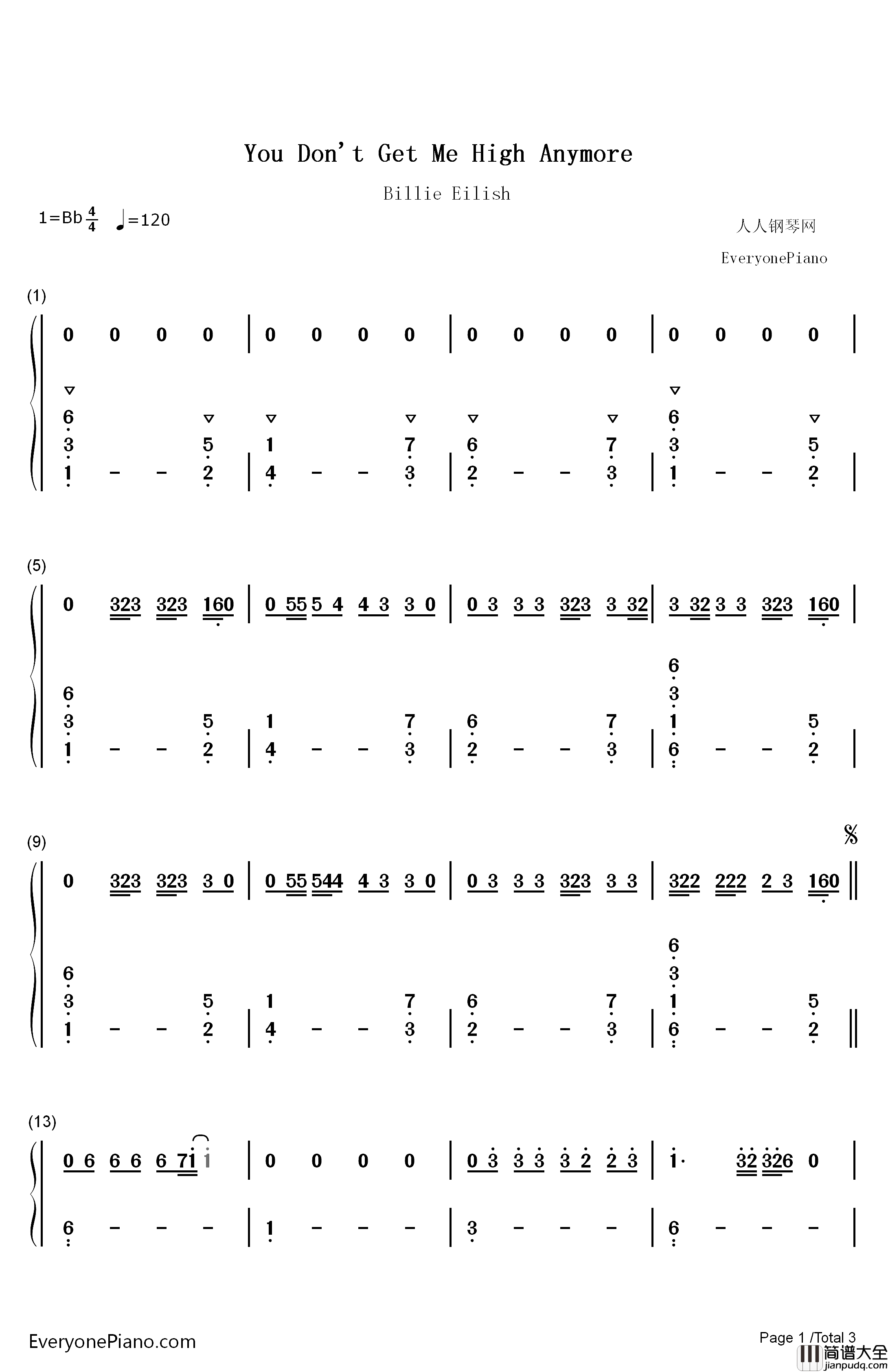 You_Dont_Get_Me_High_Anymore钢琴简谱_数字双手_Billie_Eilish