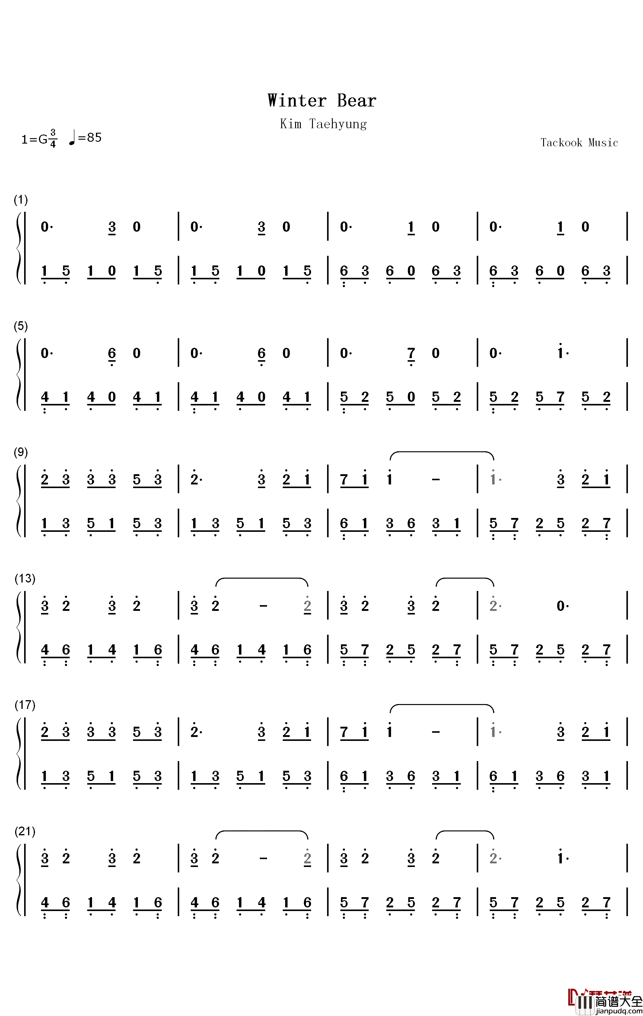 Winter_Bear钢琴简谱_数字双手_金泰亨