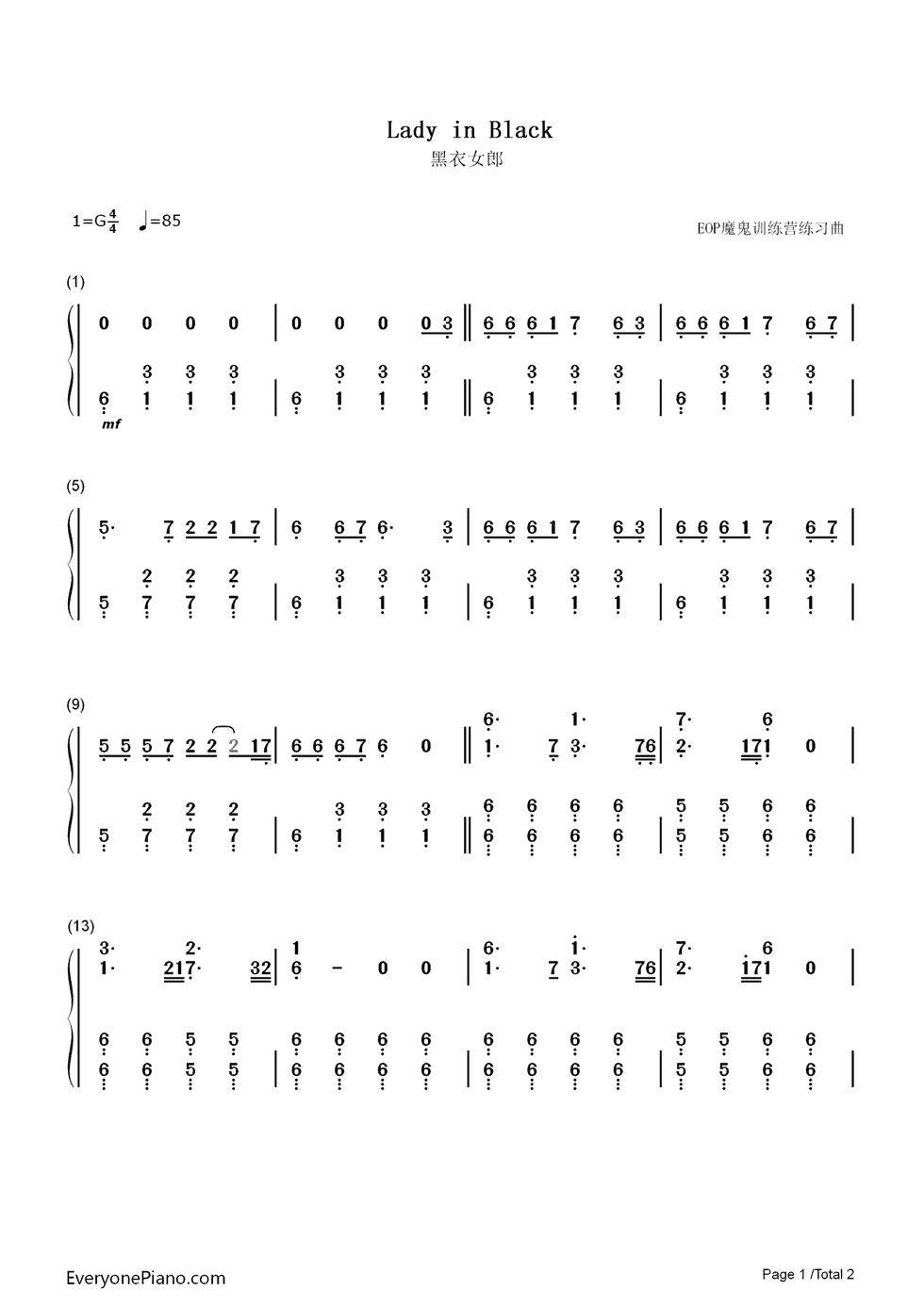 Lady_in_Black钢琴简谱_数字双手_URIAH_HEEP