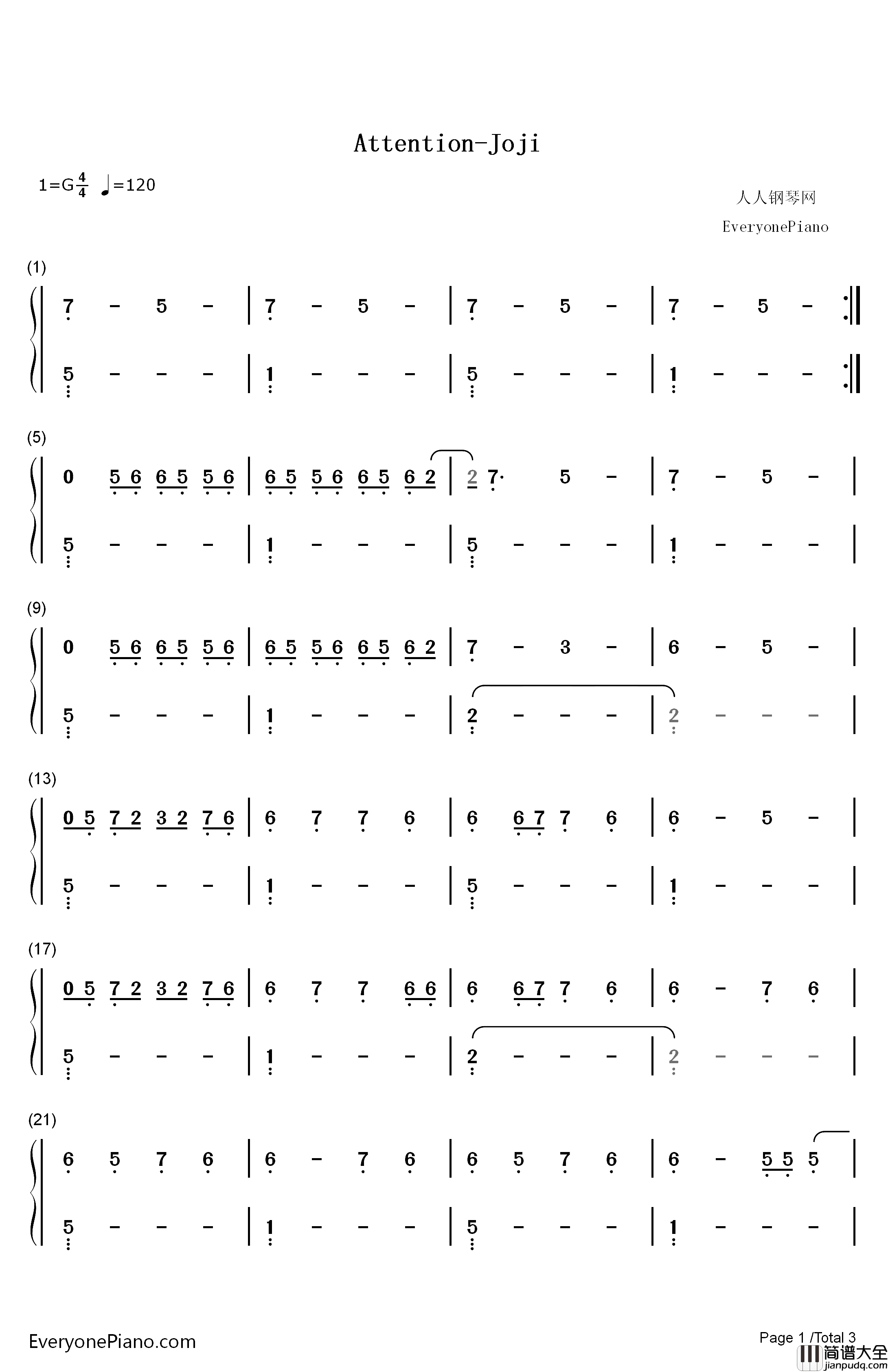 Attention钢琴简谱_数字双手_Joji