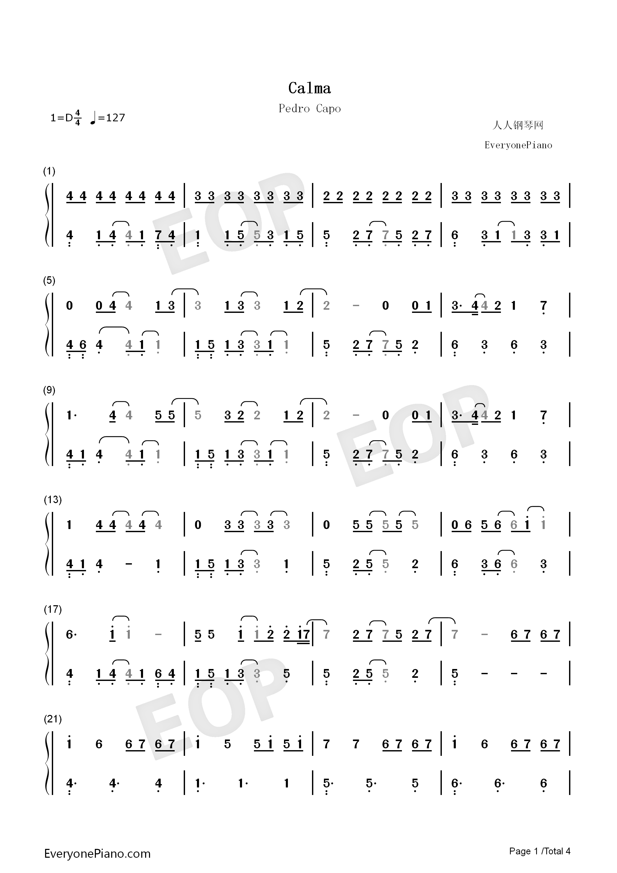 Calma钢琴简谱_Pedro_Capo演唱
