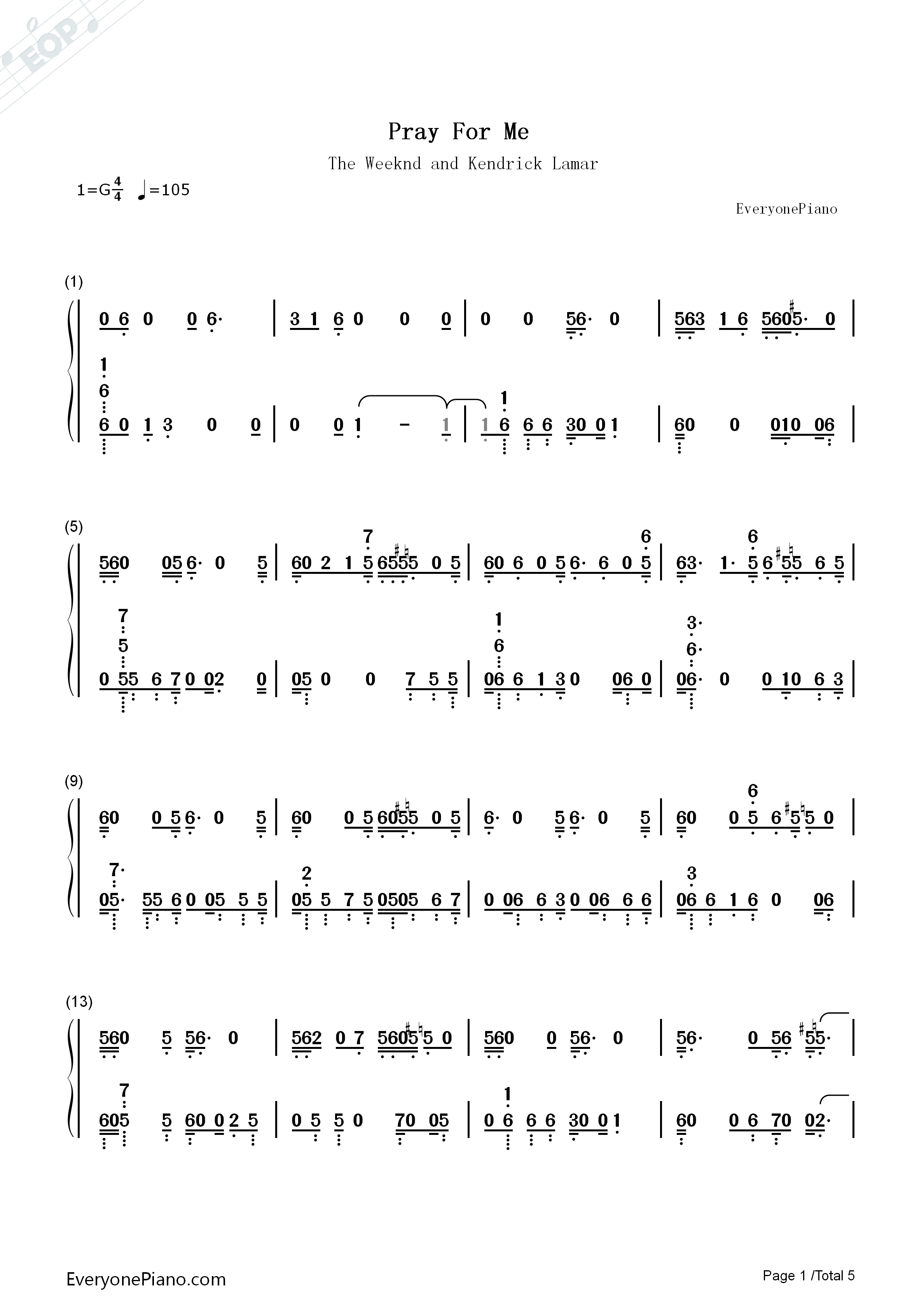 Pray_for_Me钢琴简谱_The_Weeknd_Kendrick_Lamar演唱