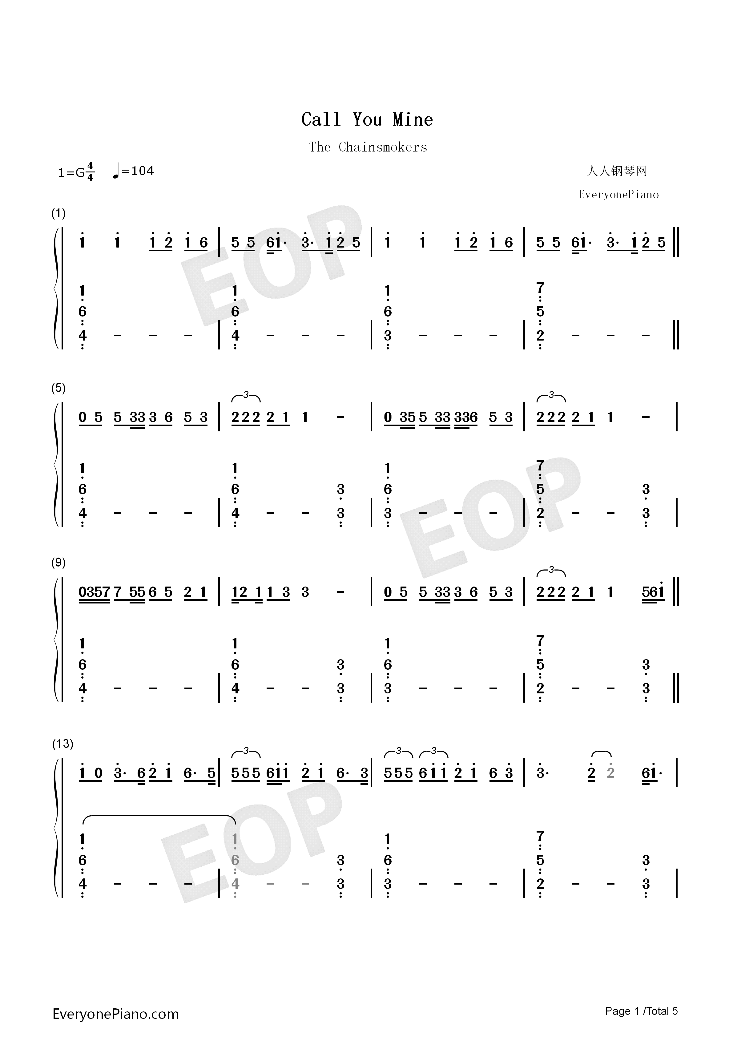 Call_You_Mine钢琴简谱_The_Chainsmokers_Bebe_Rexha演唱