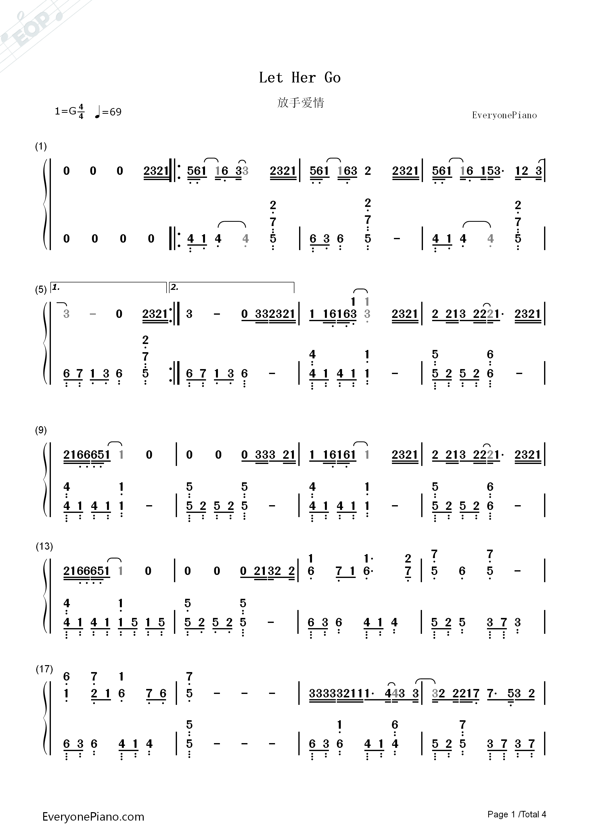 Let_Her_Go放手爱情钢琴简谱_Passenger__Mike_Rosenberg演唱
