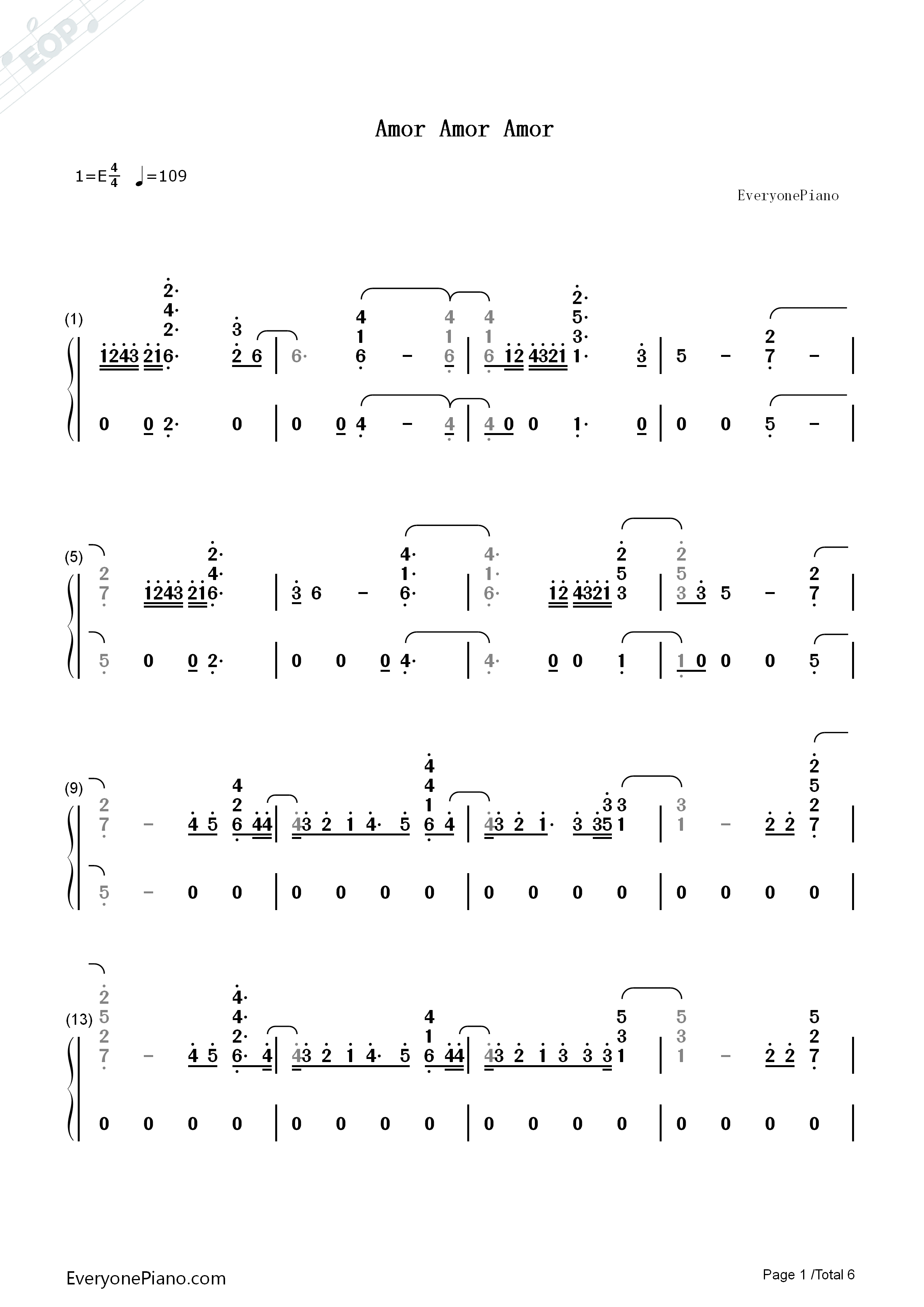 Amor_Amor_Amor钢琴简谱_Jennifer_Lopez演唱