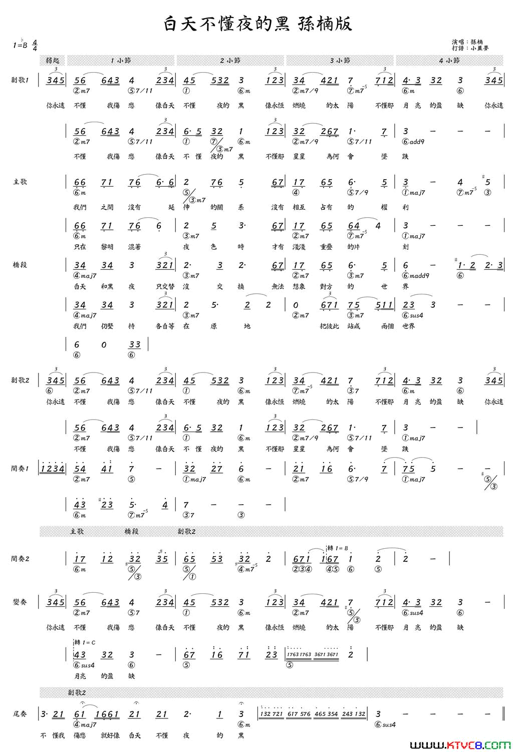 白天不懂夜的黑简和谱简谱_孙楠演唱_黄桂兰/林隆璇词曲
