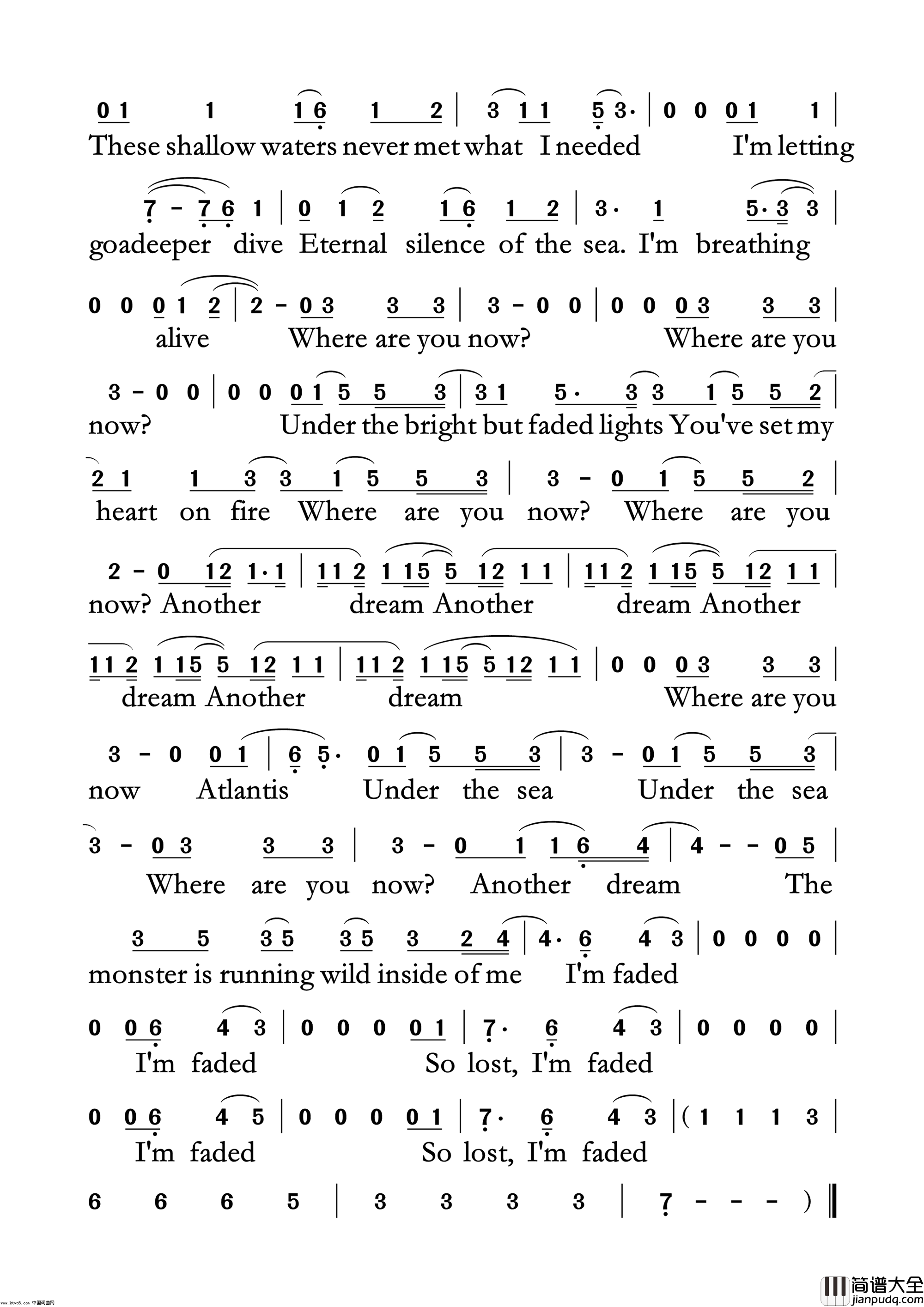 Faded简谱_艾兰演唱_杰斯珀、伯根/Jesper、Borgen词曲