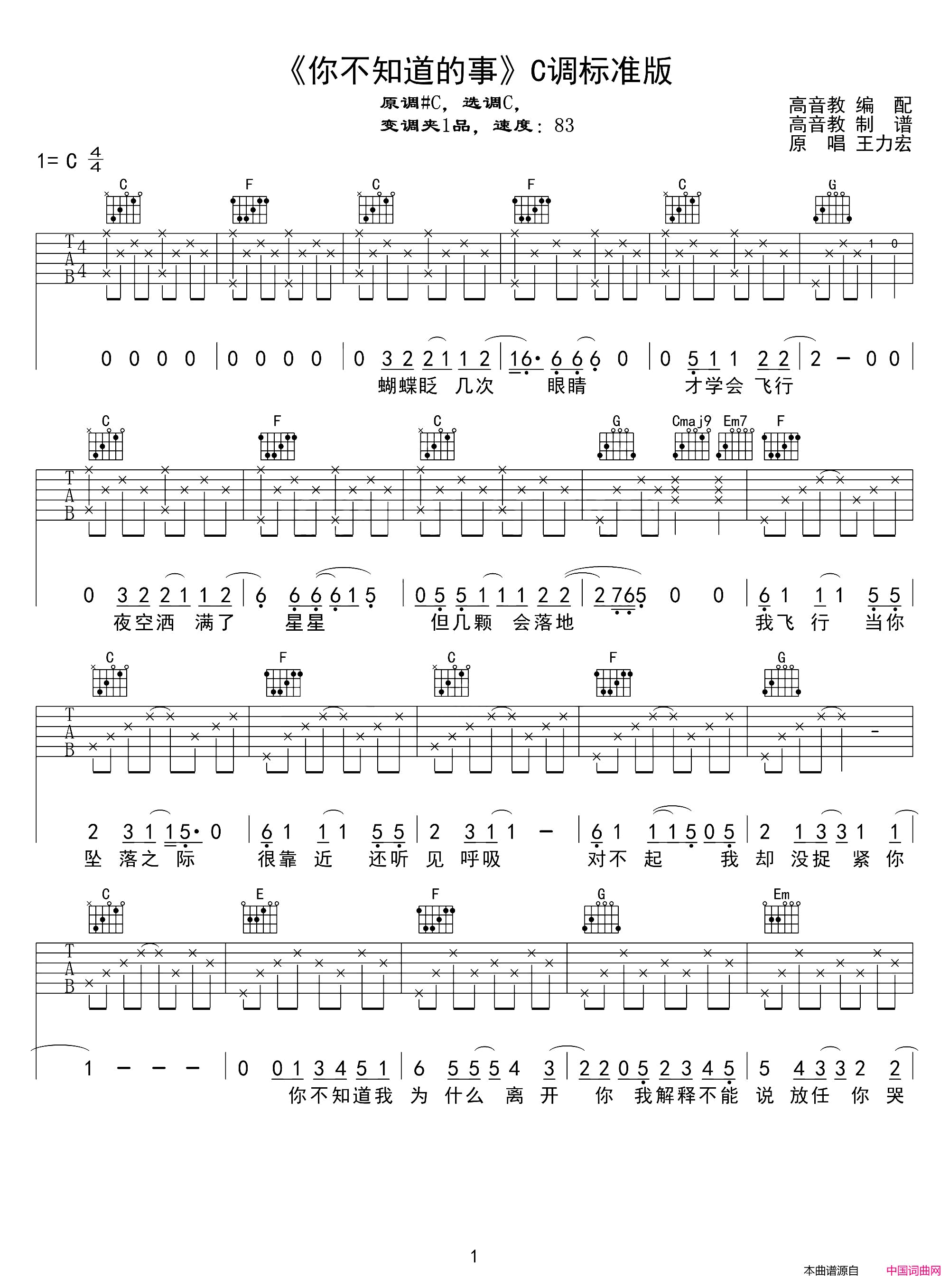 你不知道的事吉他谱C调标准版_王力宏_高音教编配简谱