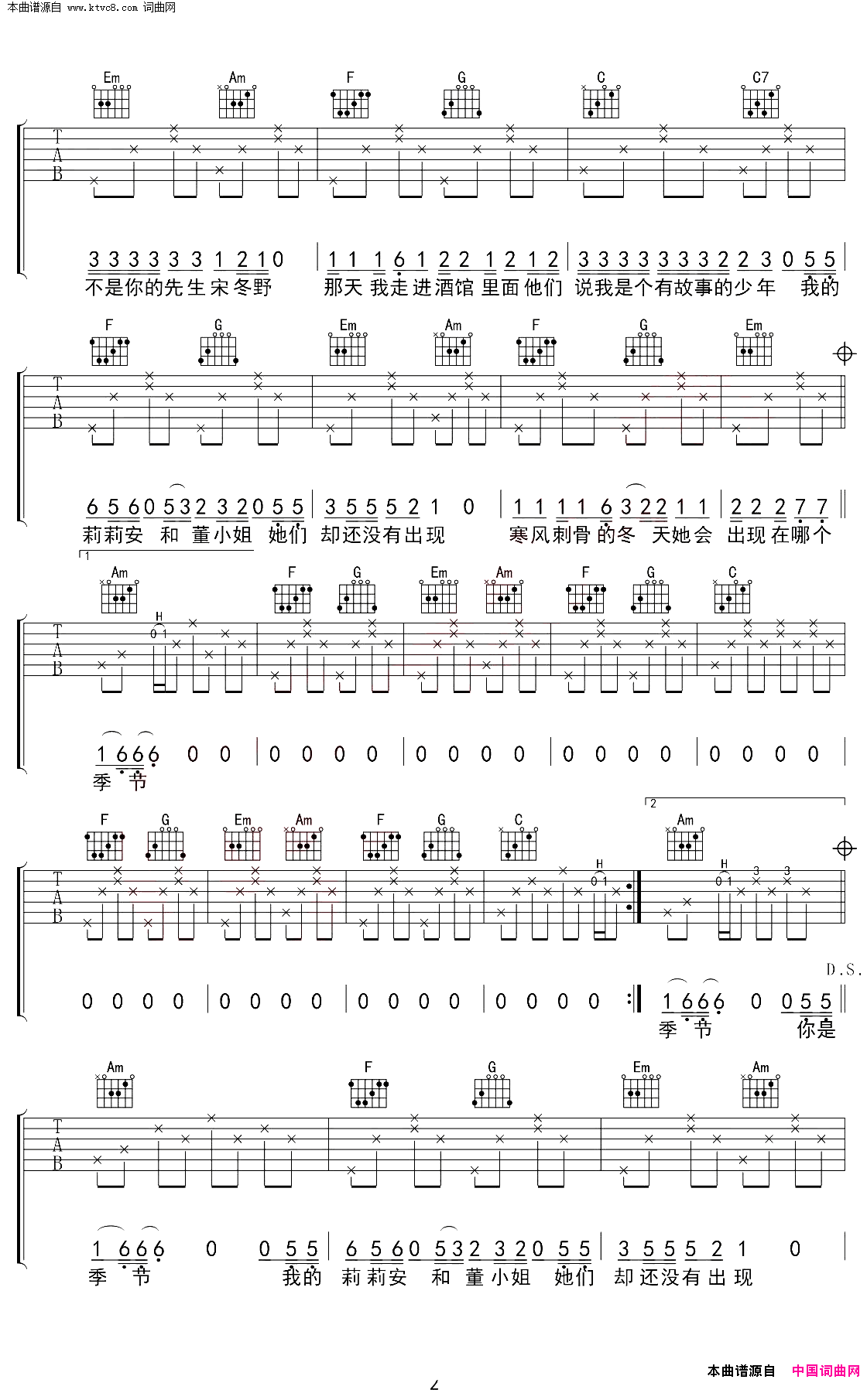 我不是你的宋冬野吉他谱_C调_弹唱六线谱简谱_林启得演唱_林啟得/林啟得词曲