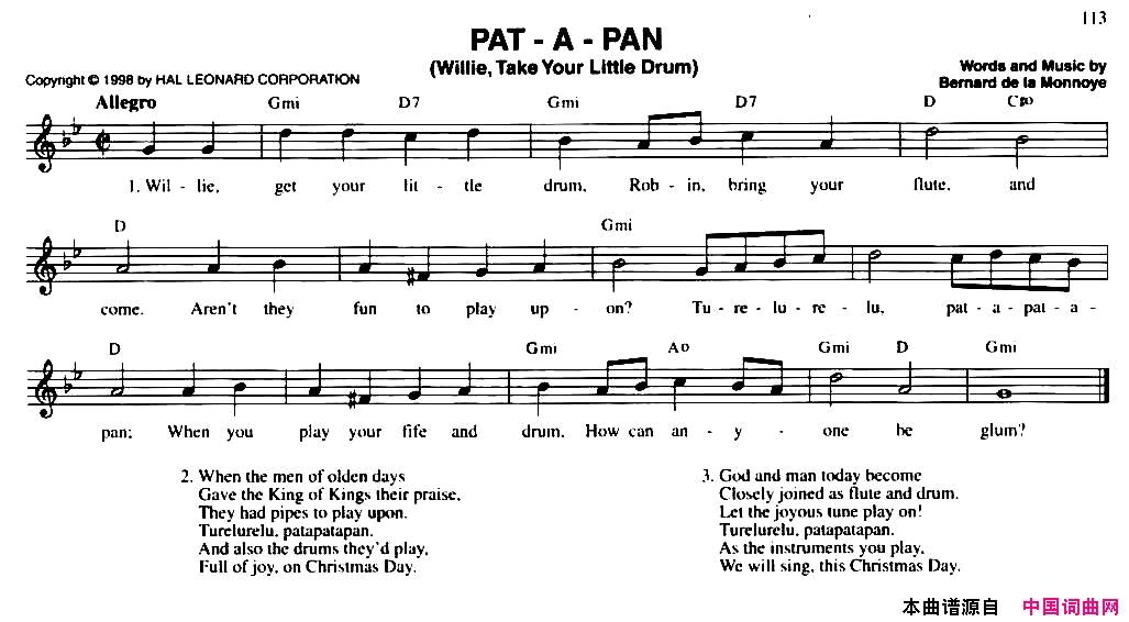 PAT_A_PANWILLIE,TAKEYOURLITTLEDRUMPAT___A___PANWILLIE,_TAKE_YOUR_LITTLE_DRUM简谱