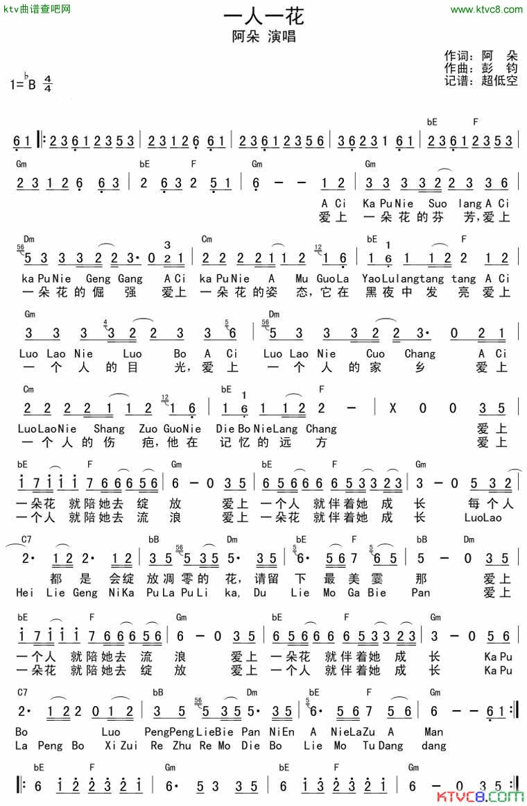一人一花简谱_阿朵演唱