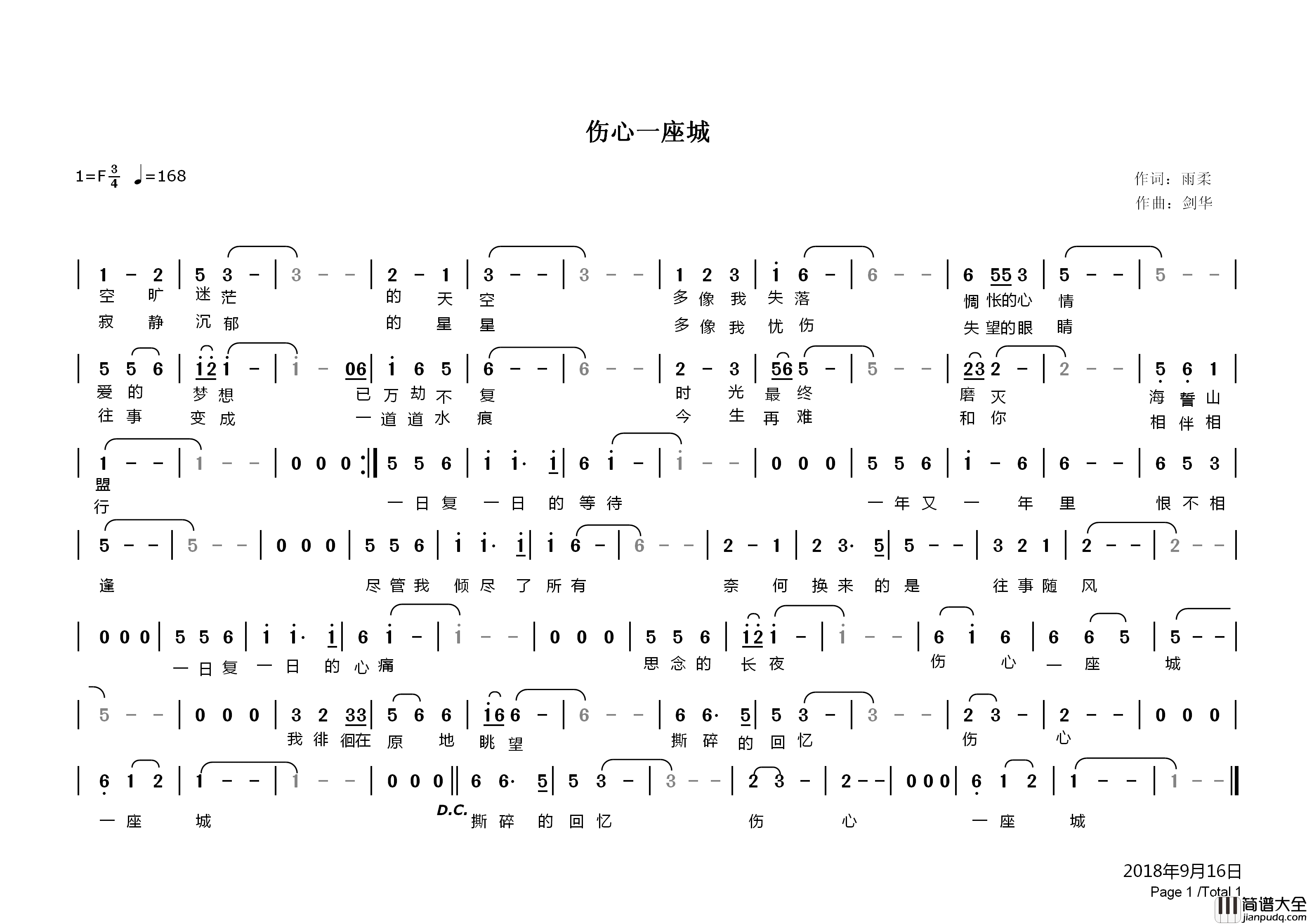 伤心一座城简谱