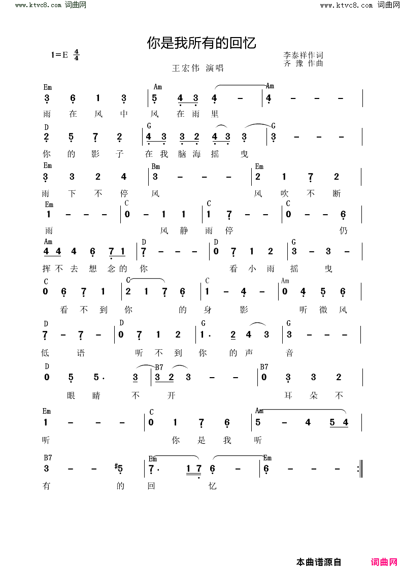 你是我所有的回忆简谱_王宏伟演唱_李泰祥/齐豫词曲