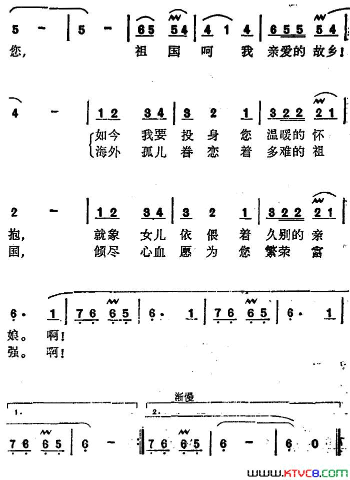 祖国呵，我父母之邦故事片_第二次握手_插曲简谱_李谷一演唱_硕龙、凯传/王酩词曲