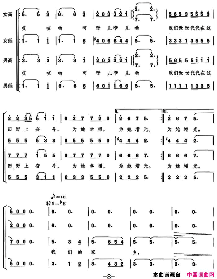 在希望的田野上选自音乐舞蹈史诗_复兴之路_简谱