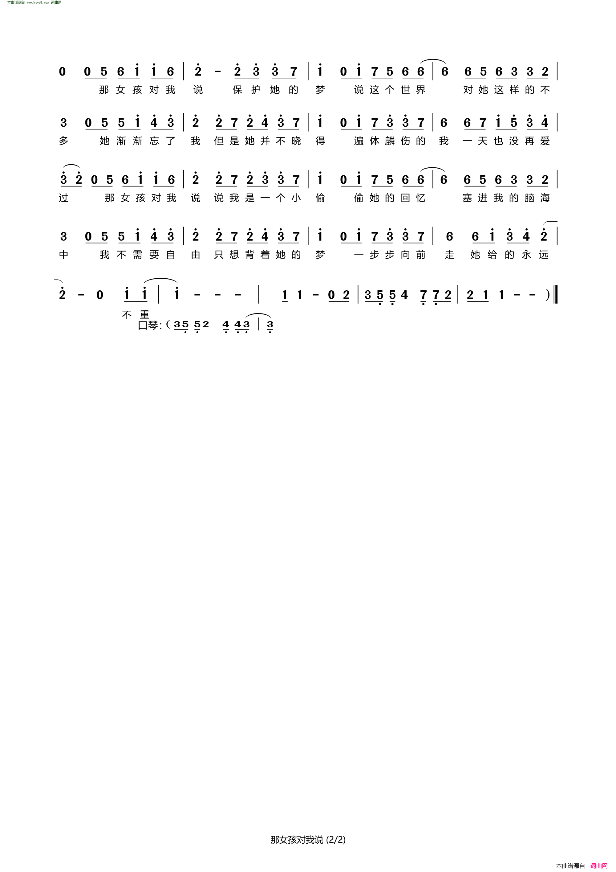 那女孩对我说简谱_黄义达演唱_易家扬/李偲菘词曲