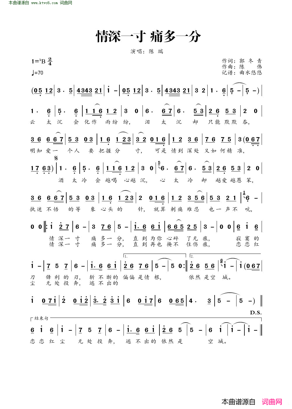 情深一寸痛多一分简谱_陈瑞演唱_郭冬青/陈伟词曲