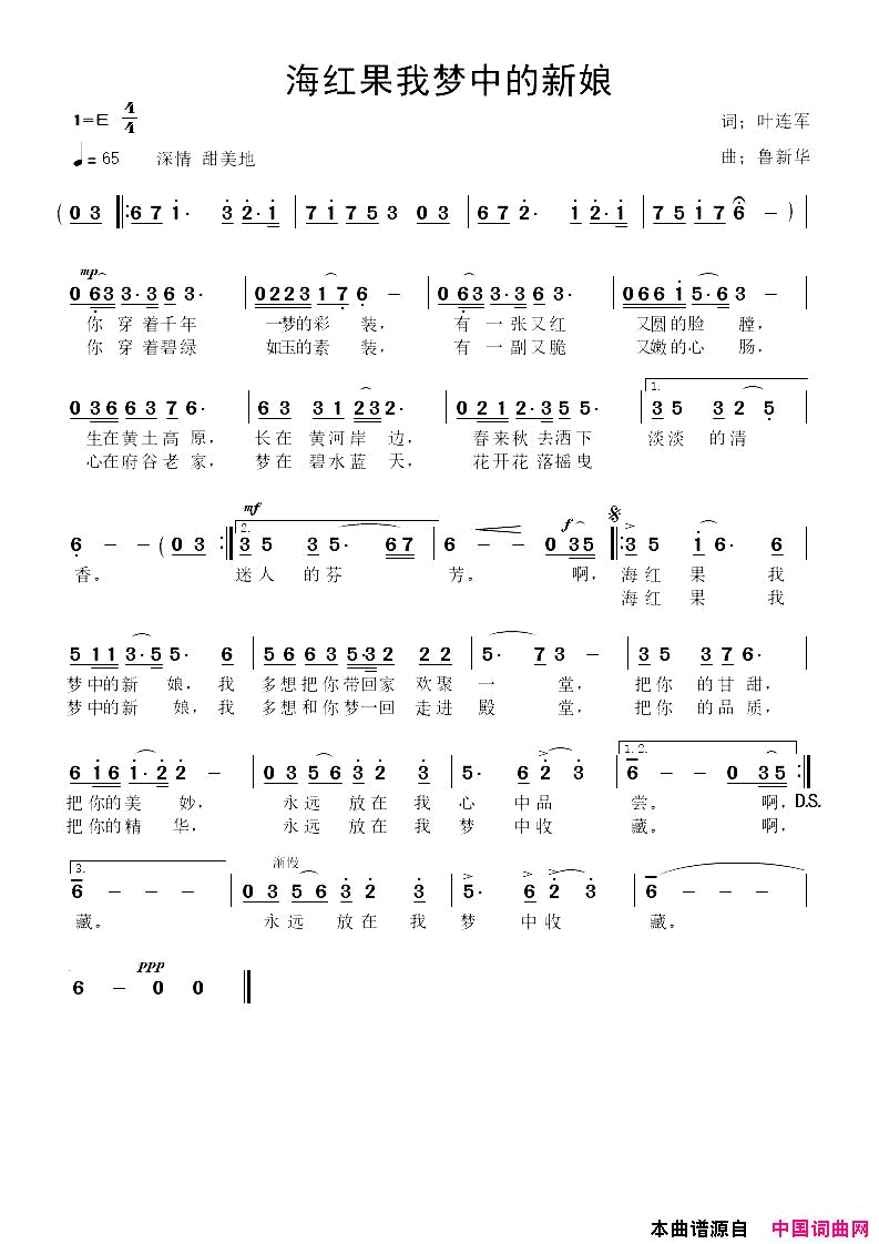 海红果我梦中的新娘简谱