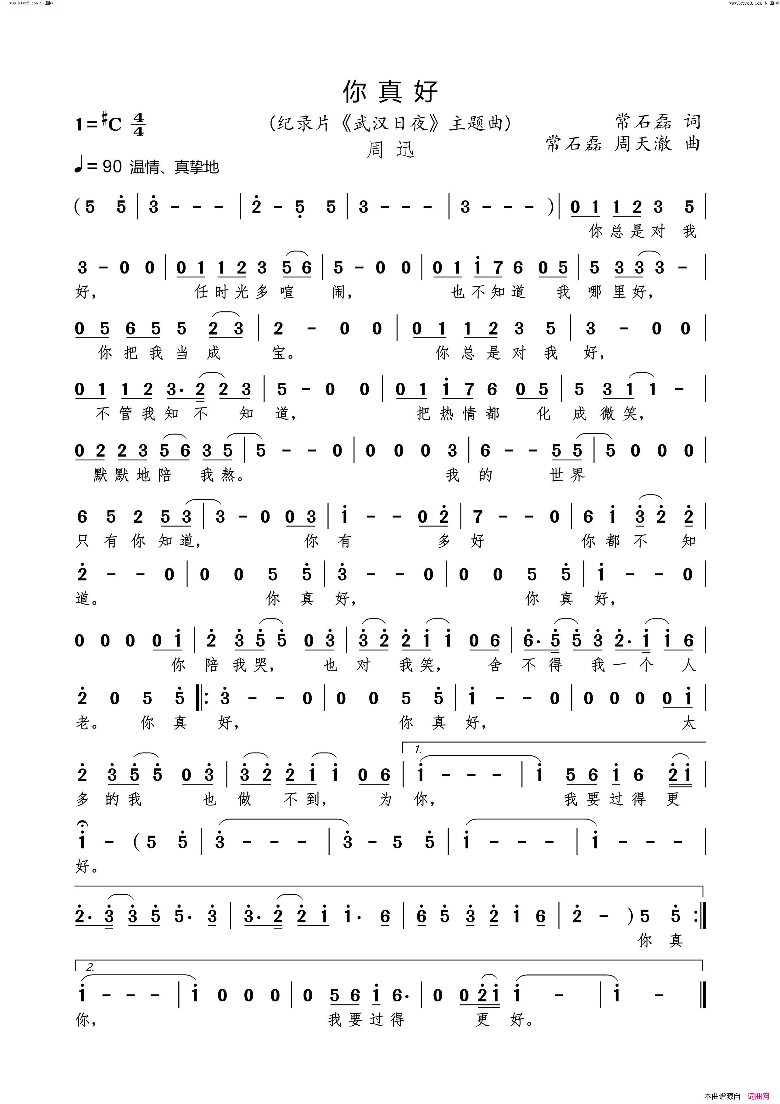 你真好_纪录片_武汉日夜_主题曲简谱_周迅演唱_常石磊/常石磊、周天澈词曲