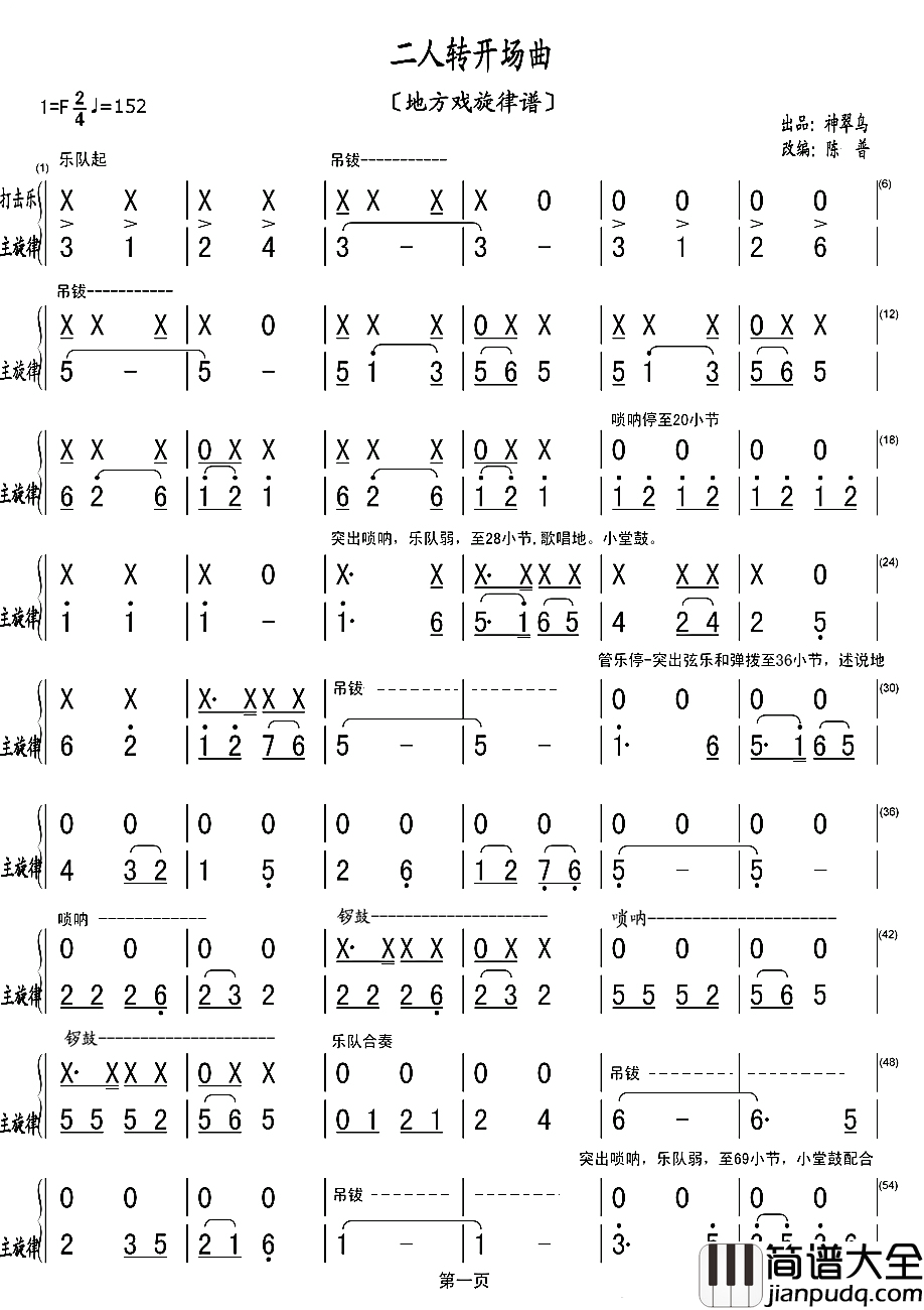二人转开场曲打击乐+主旋律谱简谱