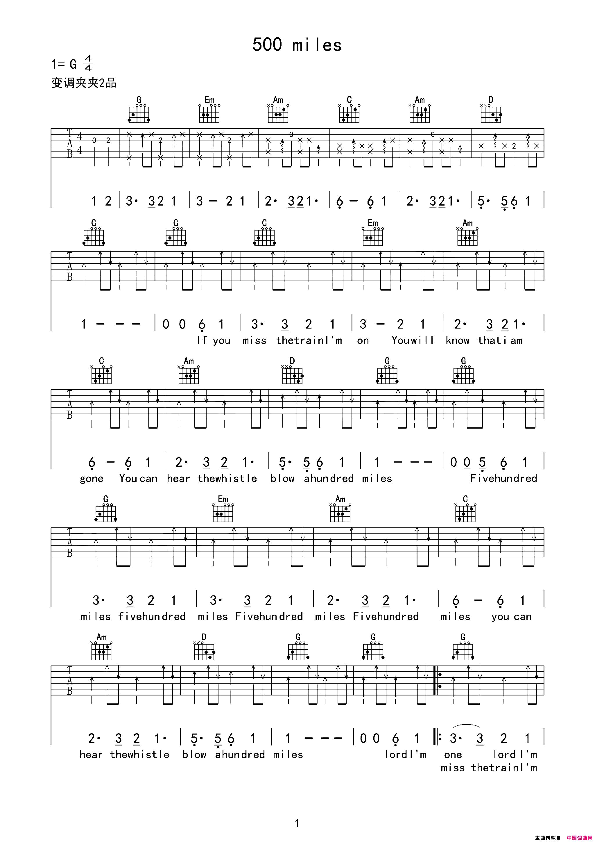 500miles吉他六线谱500_miles吉他六线谱简谱