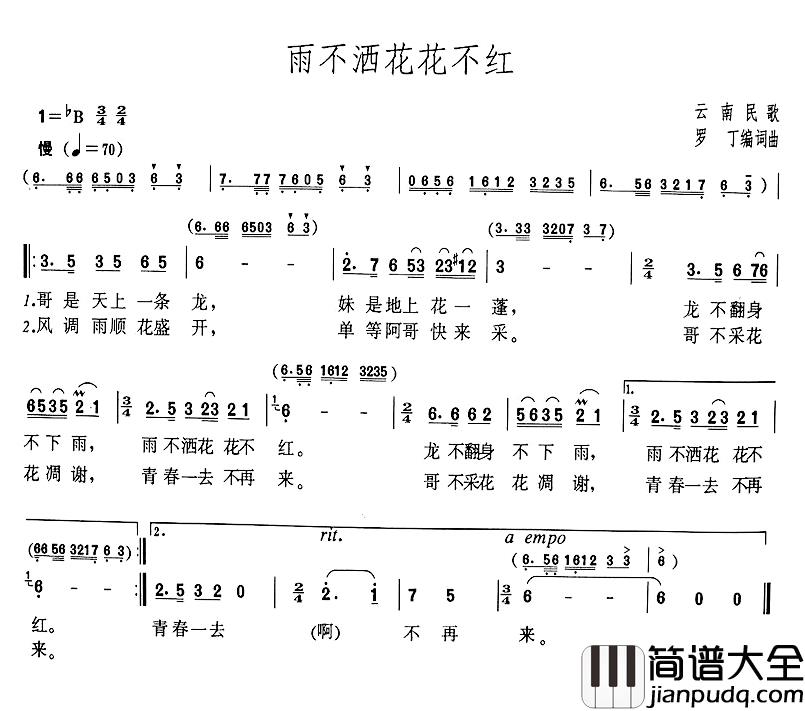 雨不洒花花不红简谱_罗丁词/罗丁曲