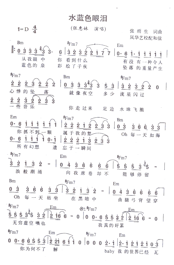 水蓝眼泪简谱_张惠妹演唱