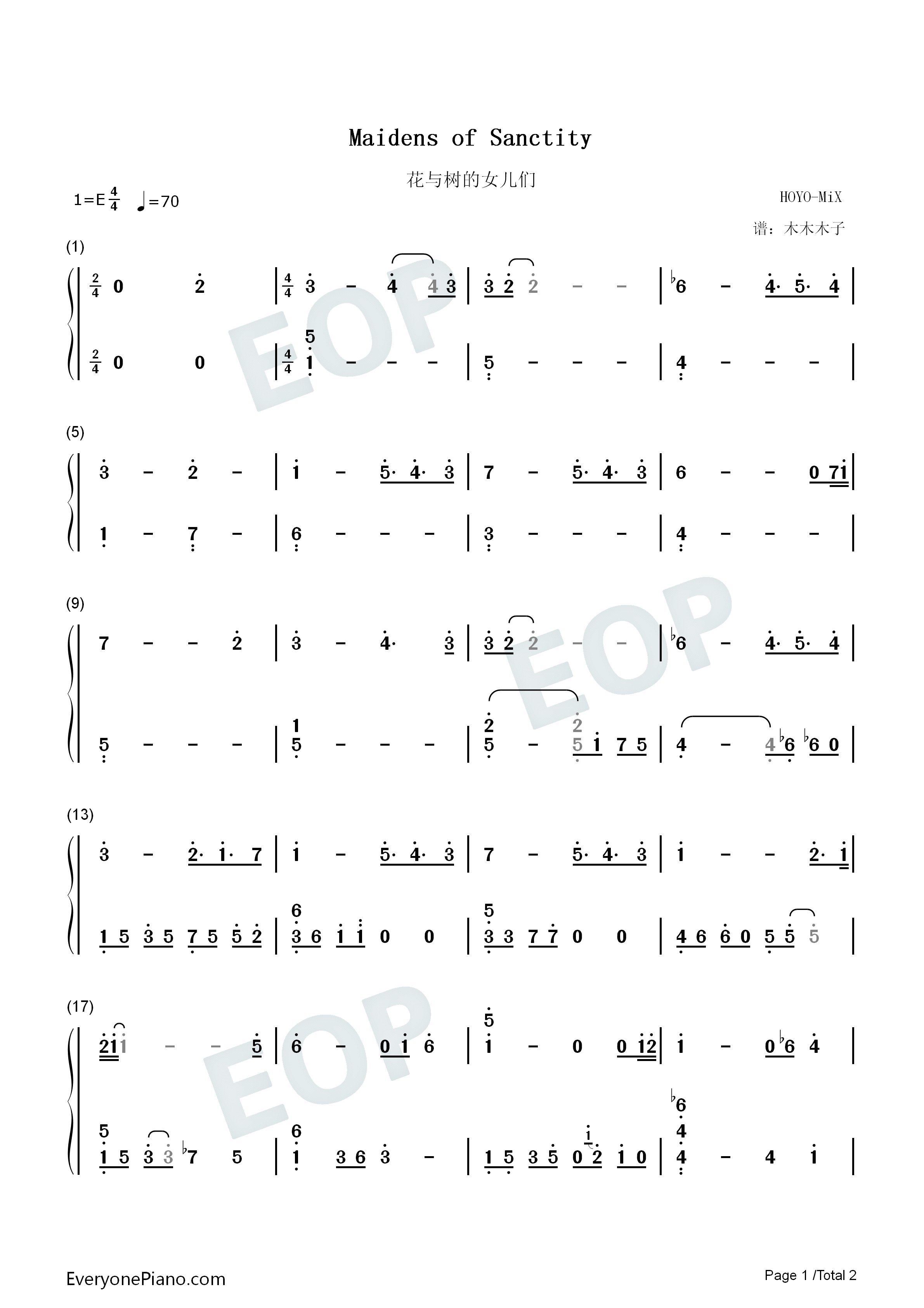 花与树的女儿们钢琴简谱_姜以君_HOYO_MiX演唱