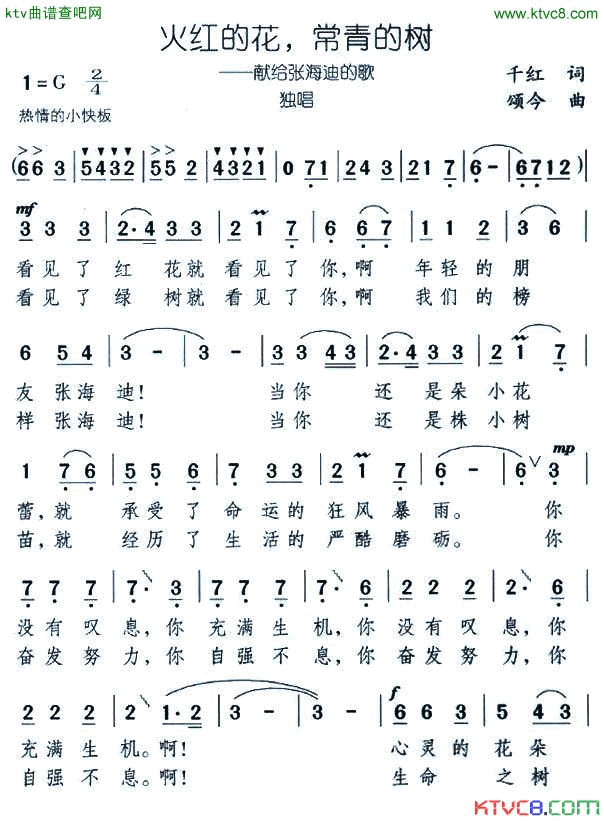 火红的花,常青的树简谱