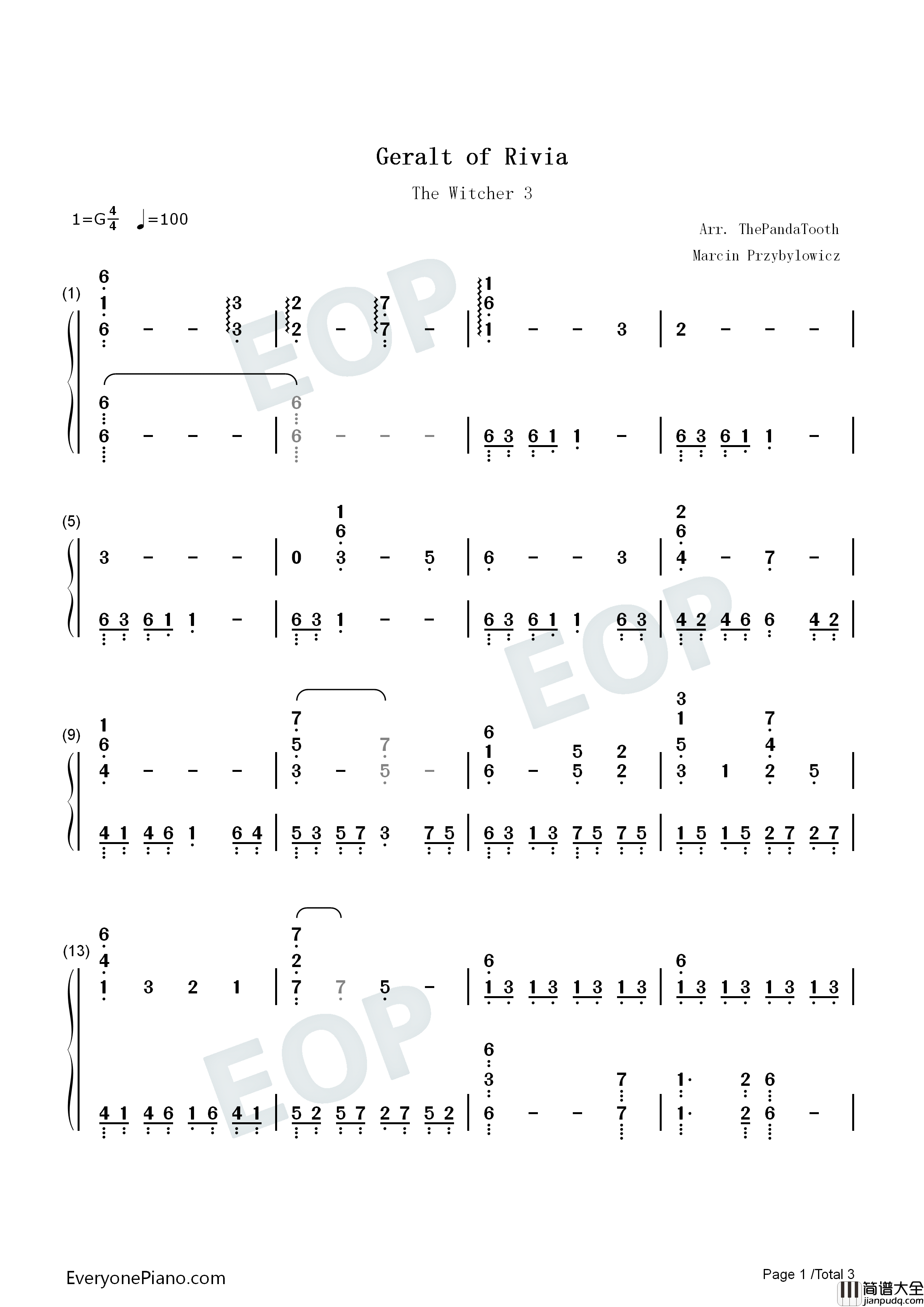 Geralt_of_Rivia钢琴简谱_Marcin_Przybyłowicz演唱