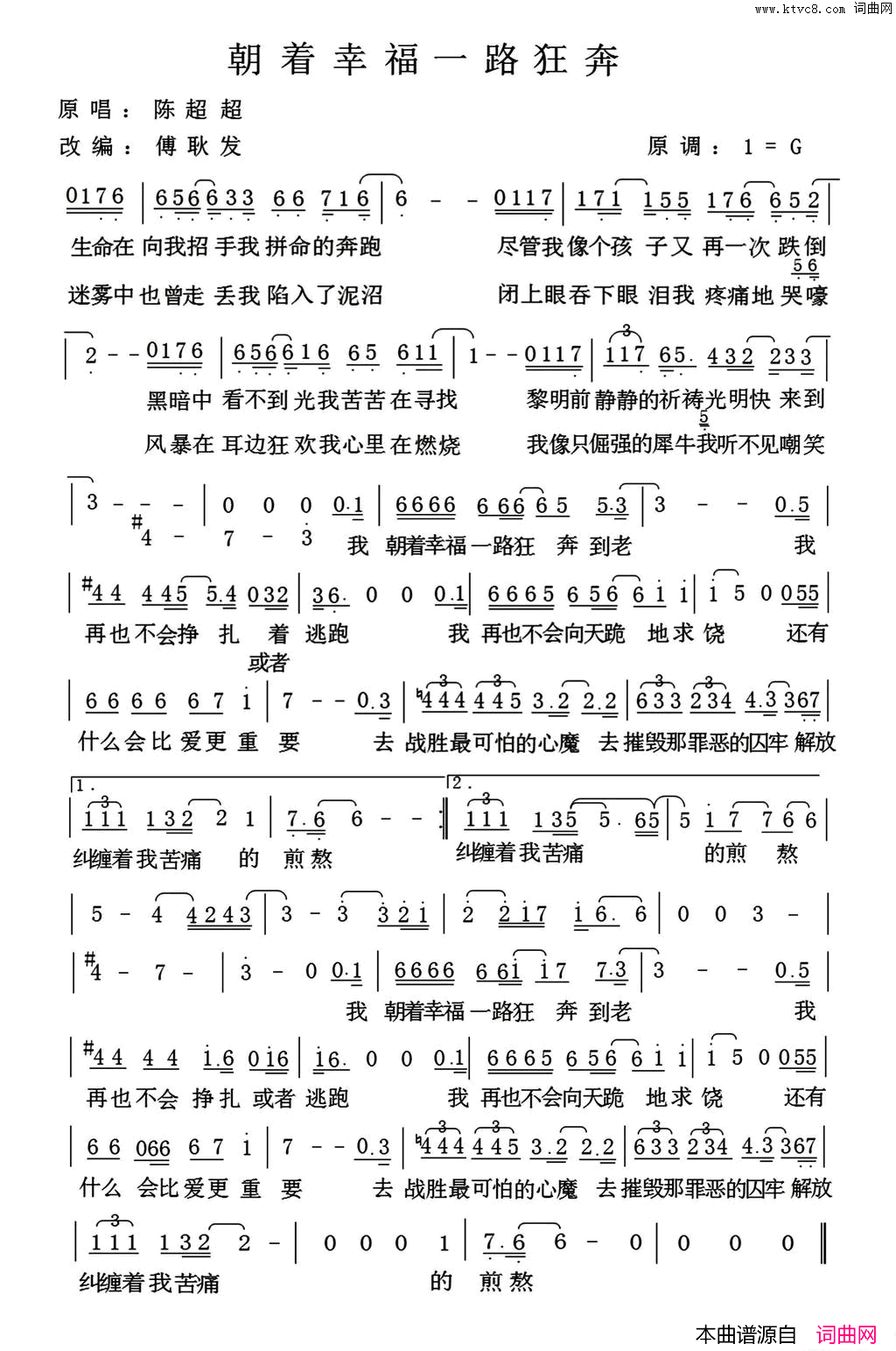 朝着幸福一路狂奔简谱_陈超超演唱