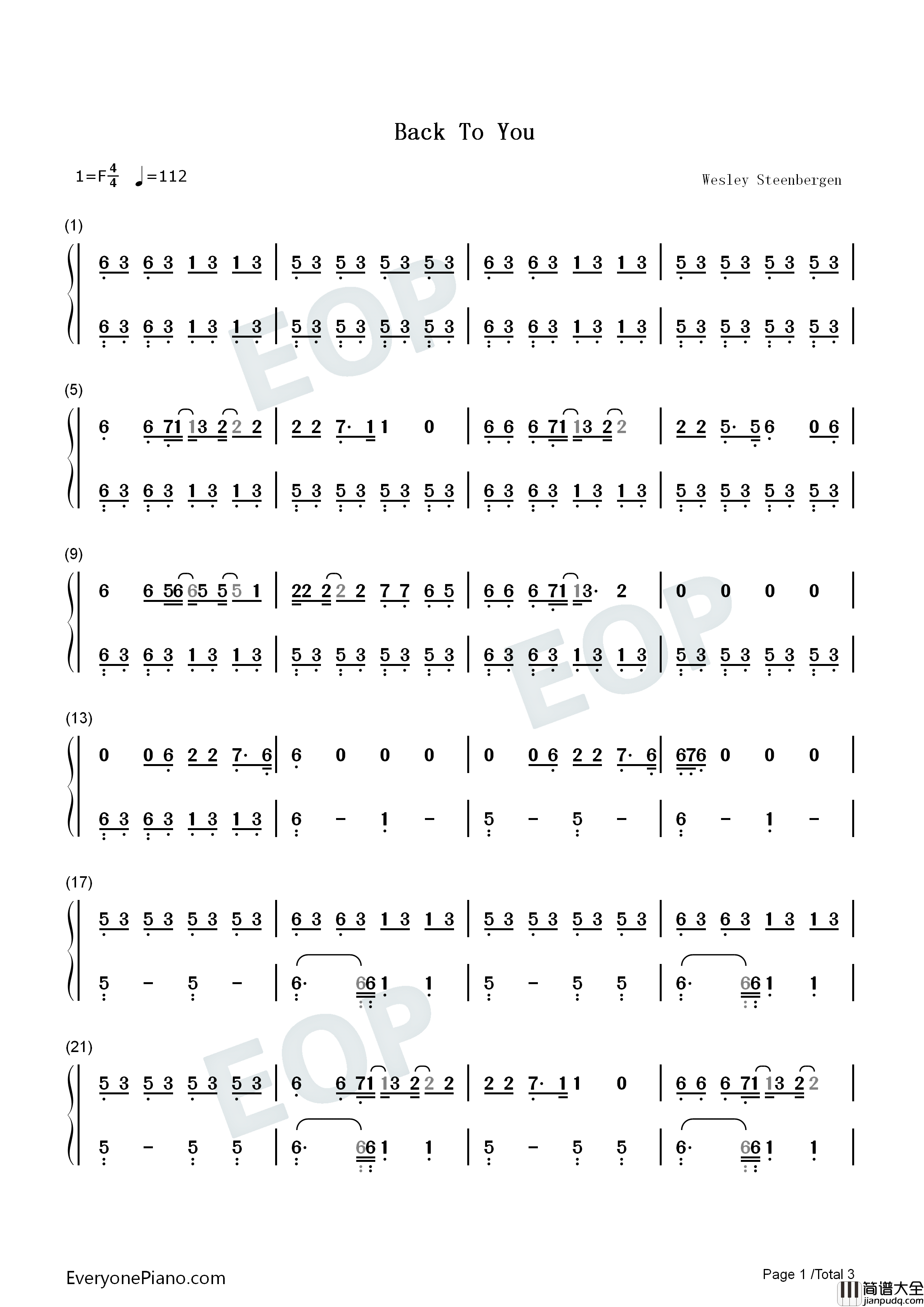 Back_to_You钢琴简谱_Lost_Frequencies_Elley_Duhe_X_Ambassadors演唱