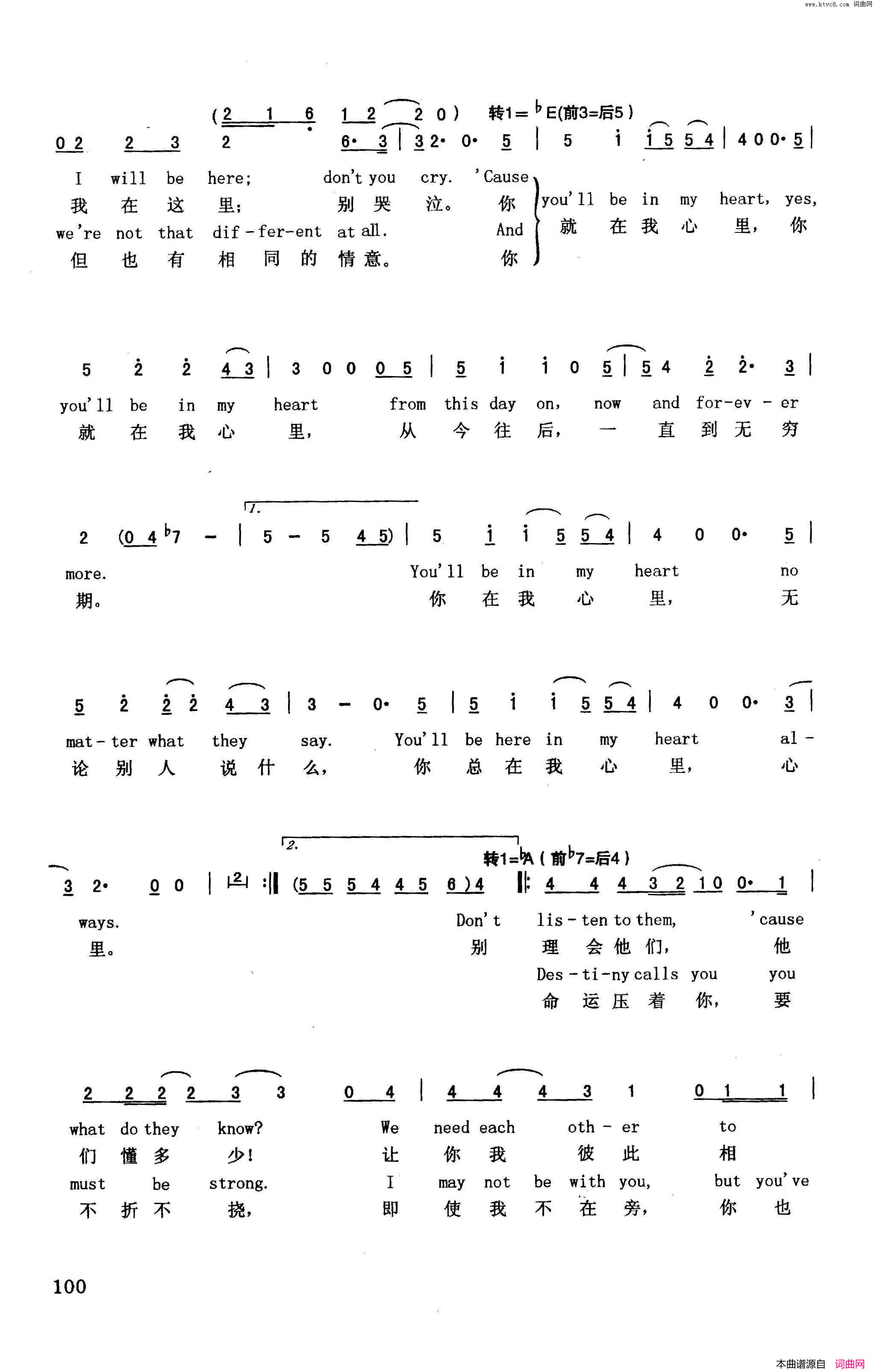 你就在我心里英汉美国动画片_人猿泰山_插曲简谱