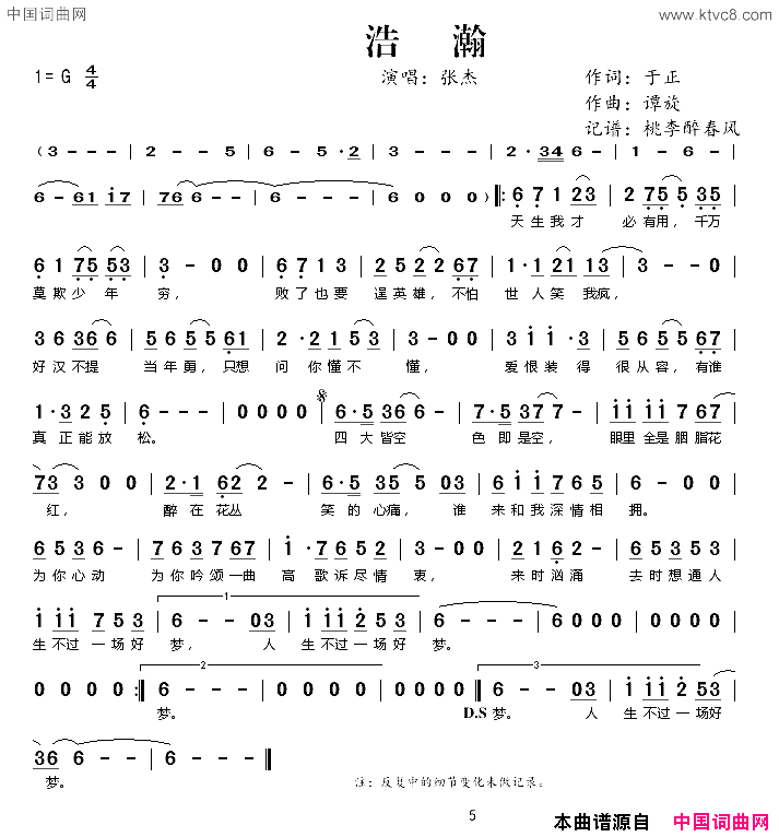 浩瀚简谱_张杰演唱_于正/谭旋词曲
