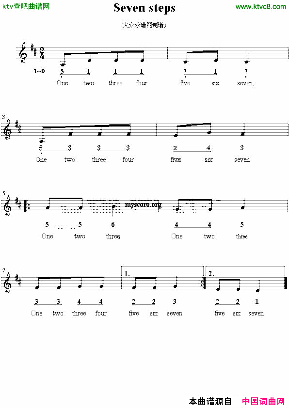 Sevensteps英文儿歌、线简谱混排版简谱
