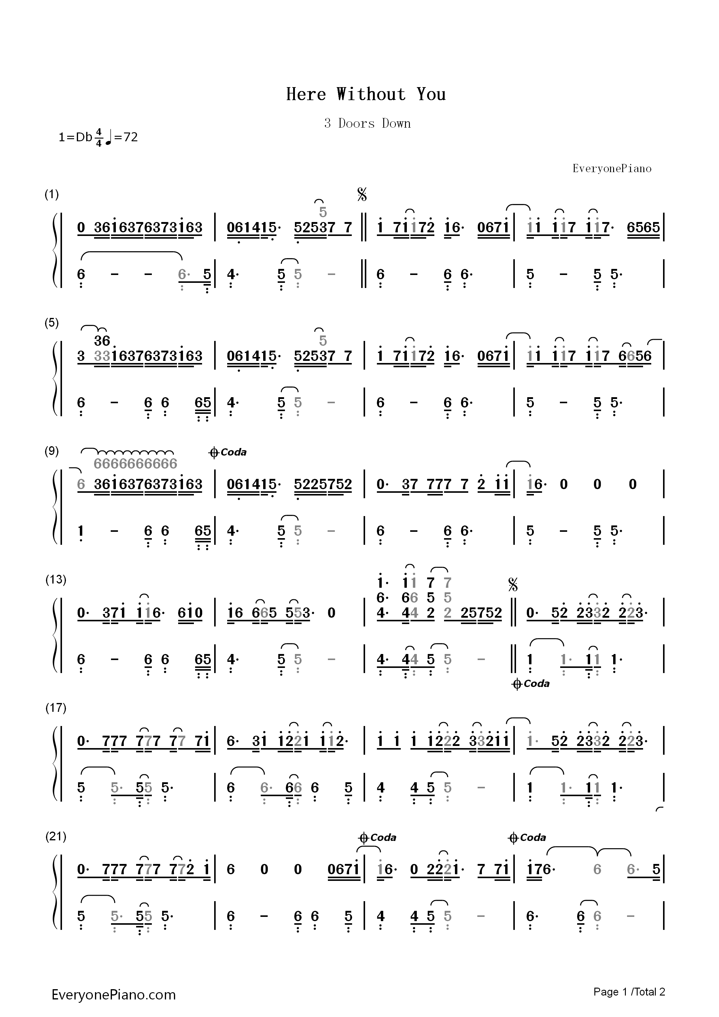 Here_Without_You钢琴简谱_3_Doors_Down演唱